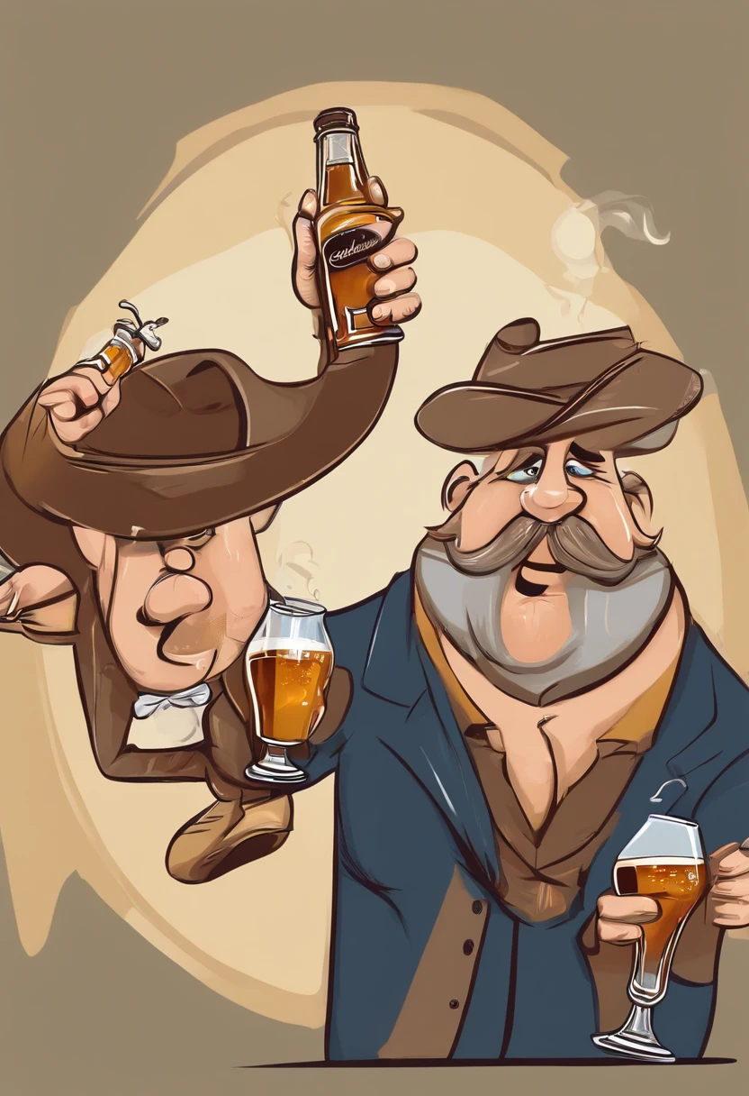 Dois amigos visivelmente embriagados com o corpo totalmente completo , They hold an entire bottle of whiskey and a glass of draft beer each. Faces are contorted into comical expressions, with bulging eyes and tongue sticking out,, estilo de desenho e com um toque caricatural, 8k