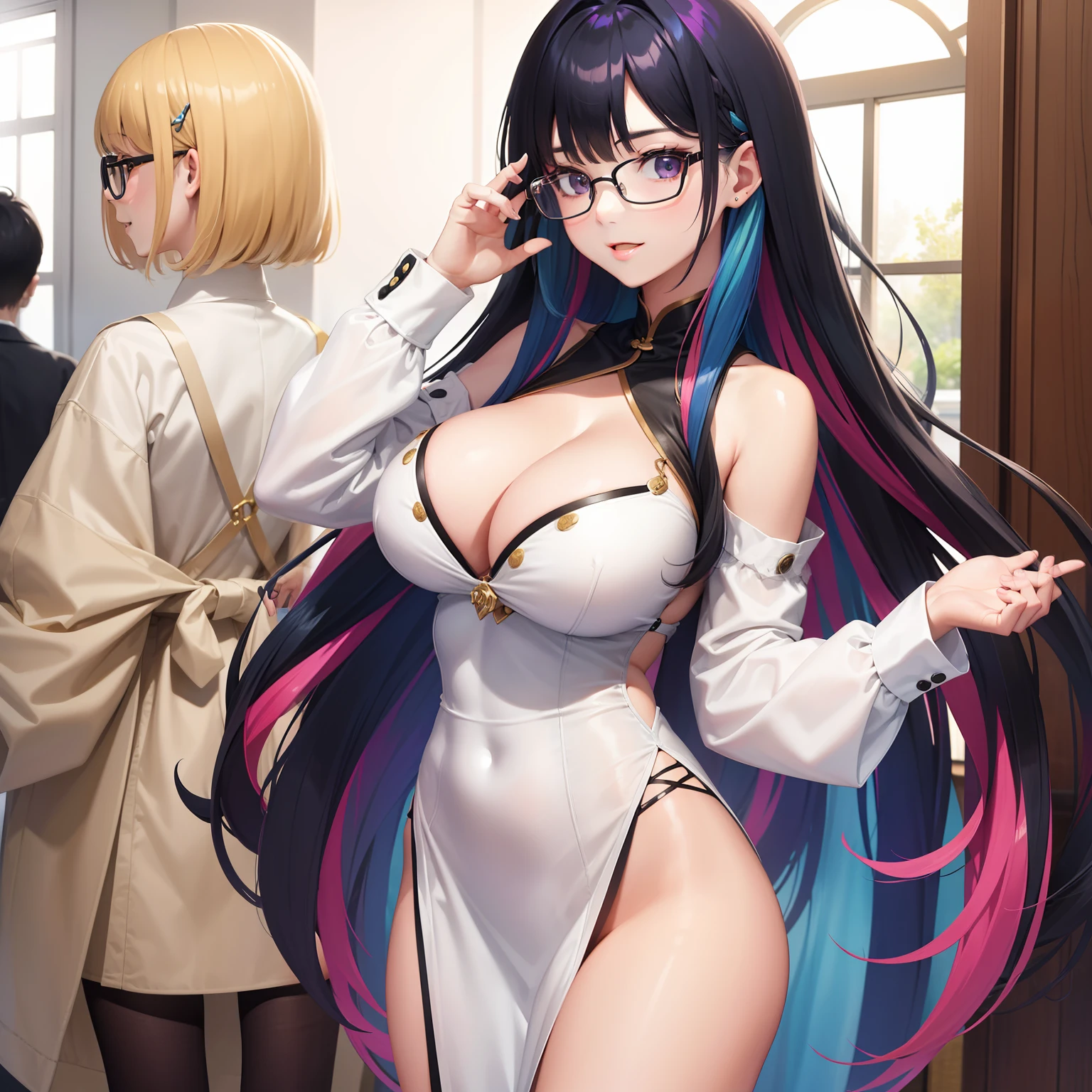 woman、s girl、smil、eye glass、multicolored hair、Colossal tits、long、top-quality、masterpiece、high-definition picture、超A high resolution、Beautuful Women、Excellent style、a beauty girl、