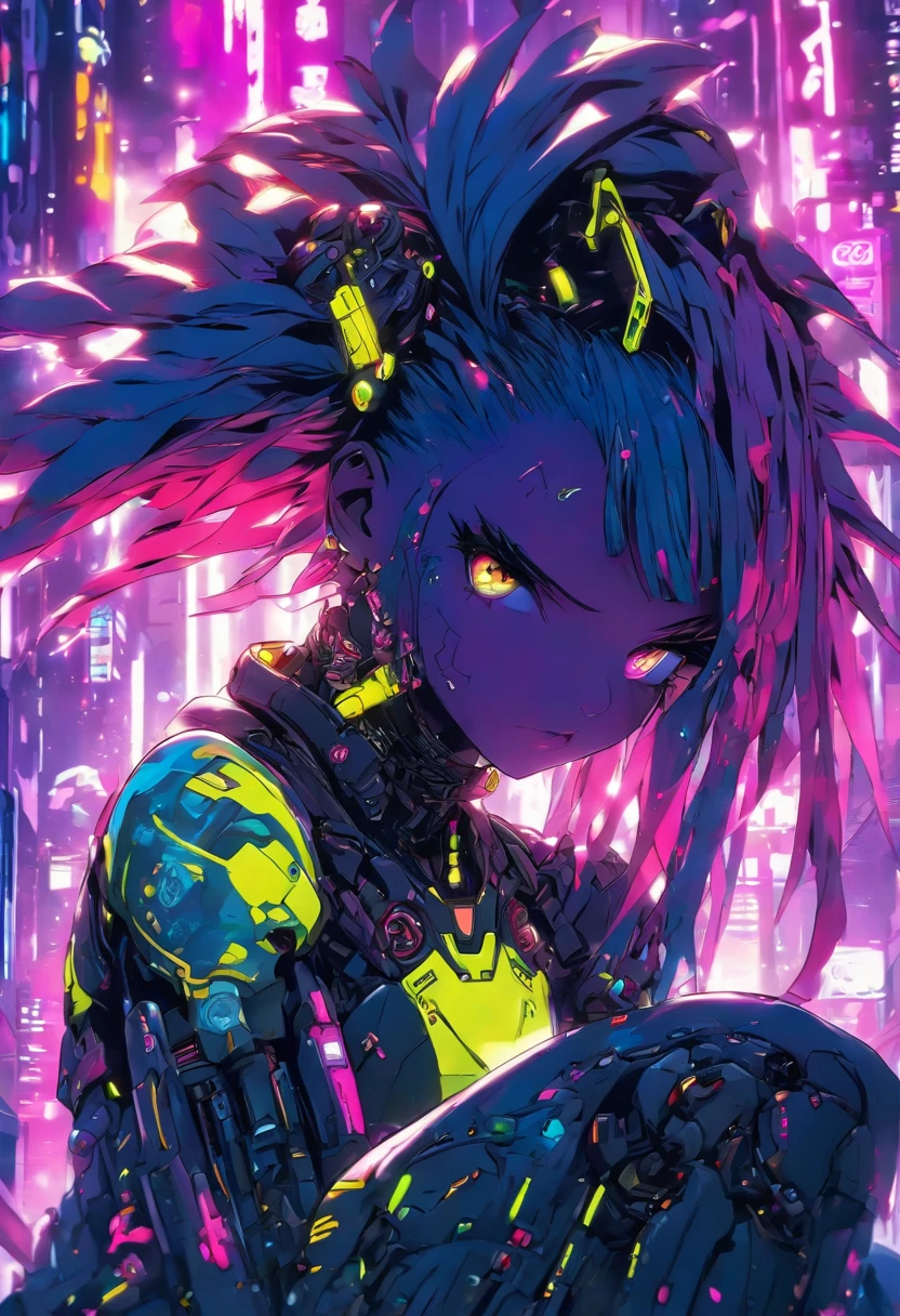 The most beautiful and sexy cyberpunk girl, purple hair, yellow eyes, dark skin, wearing highly detailed futuristic battle armor, futuristic mechanical angel wings, tons of tattoos and piercings, cherry blossoms blowing in the wind, highly detailed background, perfect masterpiece, high quality, high resolution