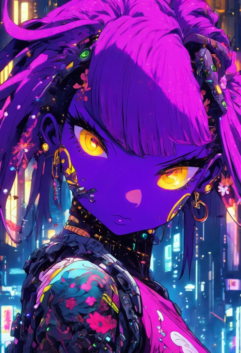 The most beautiful and sexy cyberpunk girl, purple hair, yellow eyes, dark skin, wearing highly detailed futuristic battle armor, futuristic mechanical angel wings, tons of tattoos and piercings, cherry blossoms blowing in the wind, highly detailed background, perfect masterpiece, high quality, high resolution