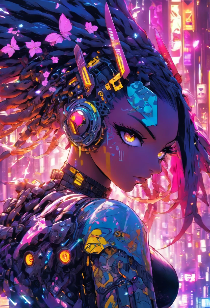 The most beautiful and sexy cyberpunk girl, purple hair, yellow eyes, dark skin, wearing highly detailed futuristic battle armor, futuristic mechanical angel wings, tons of tattoos and piercings, cherry blossoms blowing in the wind, highly detailed background, perfect masterpiece, high quality, high resolution