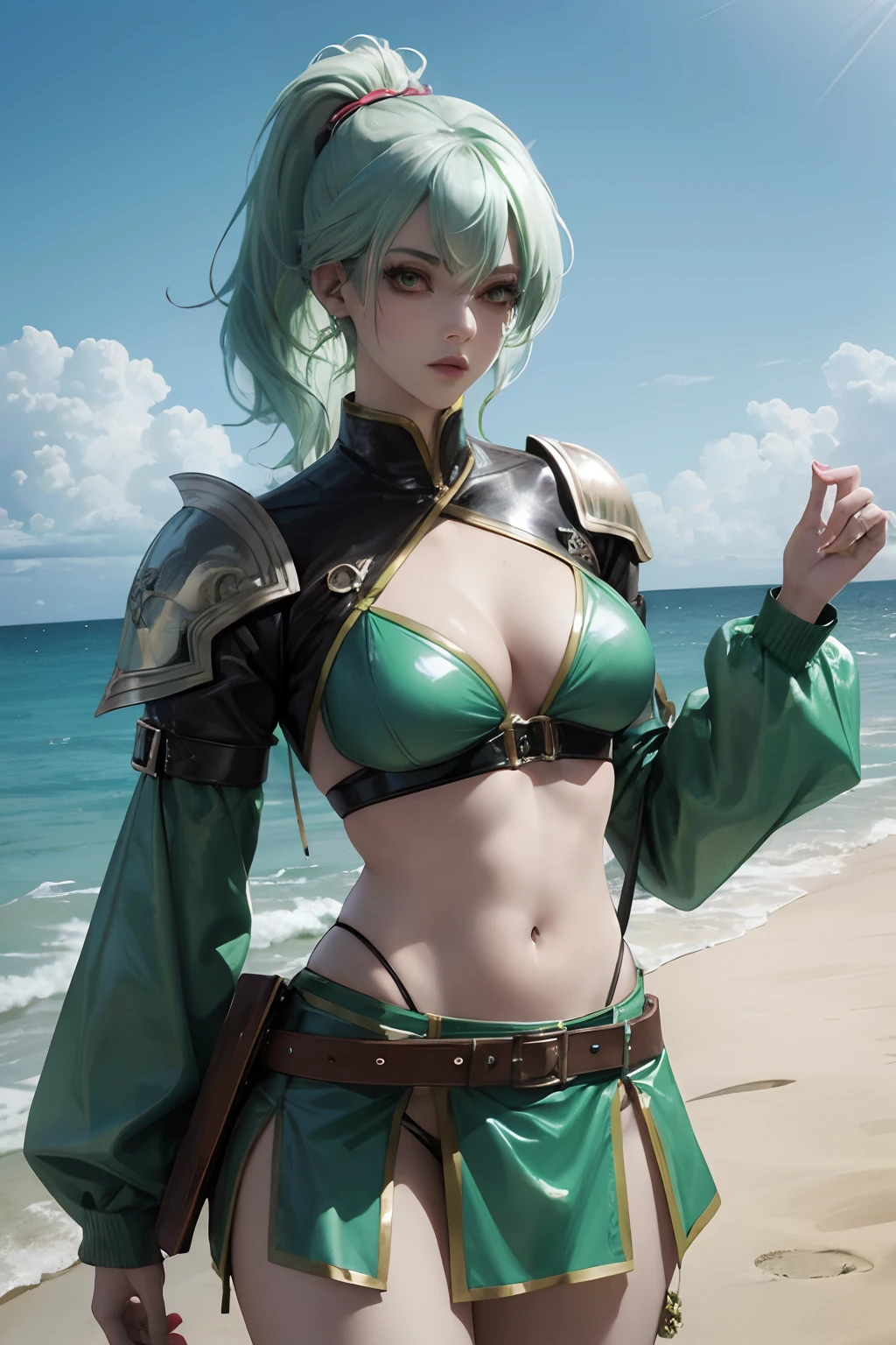 female oni light green skin and faded blue hair, posing on the beach in fantasy leather armor --auto