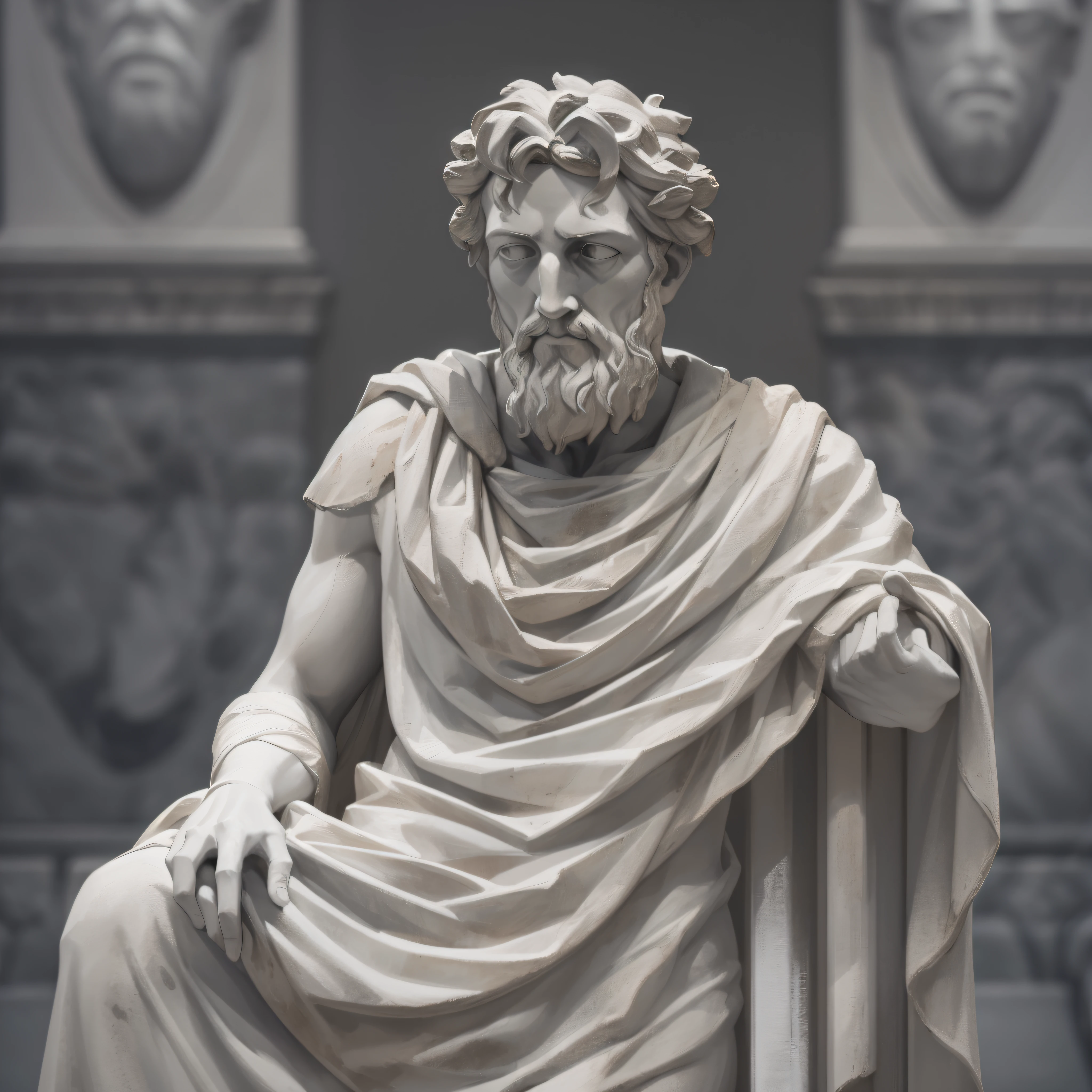 A realistic Greek white marble statue of Marcus Seneca thoughtful detailed wearing a ghostly toga, fundo neutro, Moody, , fotorrealista, thoughtful movie dinner, super detalhada, hiper realista, luzes brilhantes, 8 K