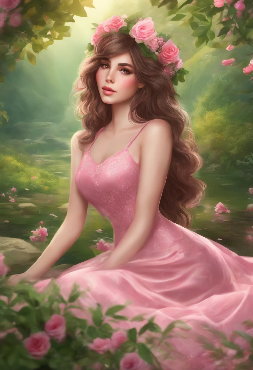 una chica anime con vestido color rosa con estampado de flores, recatada, posando para la foto, surrounded by nature and abundant vegetation, y muchos tonos de color rosa, cabello color rosa y ojos verdes