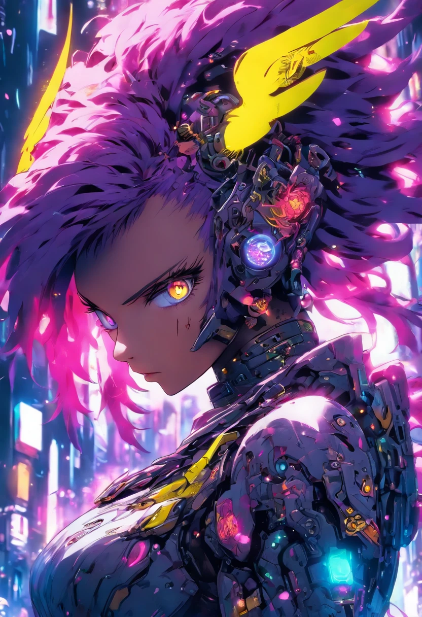The most beautiful and sexy cyberpunk girl, purple hair, yellow eyes, wearing highly detailed futuristic battle armor, futuristic mechanical angel wings, tons of tattoos and piercings, cherry blossoms blowing in the wind, highly detailed background, perfect masterpiece, high quality, high resolution