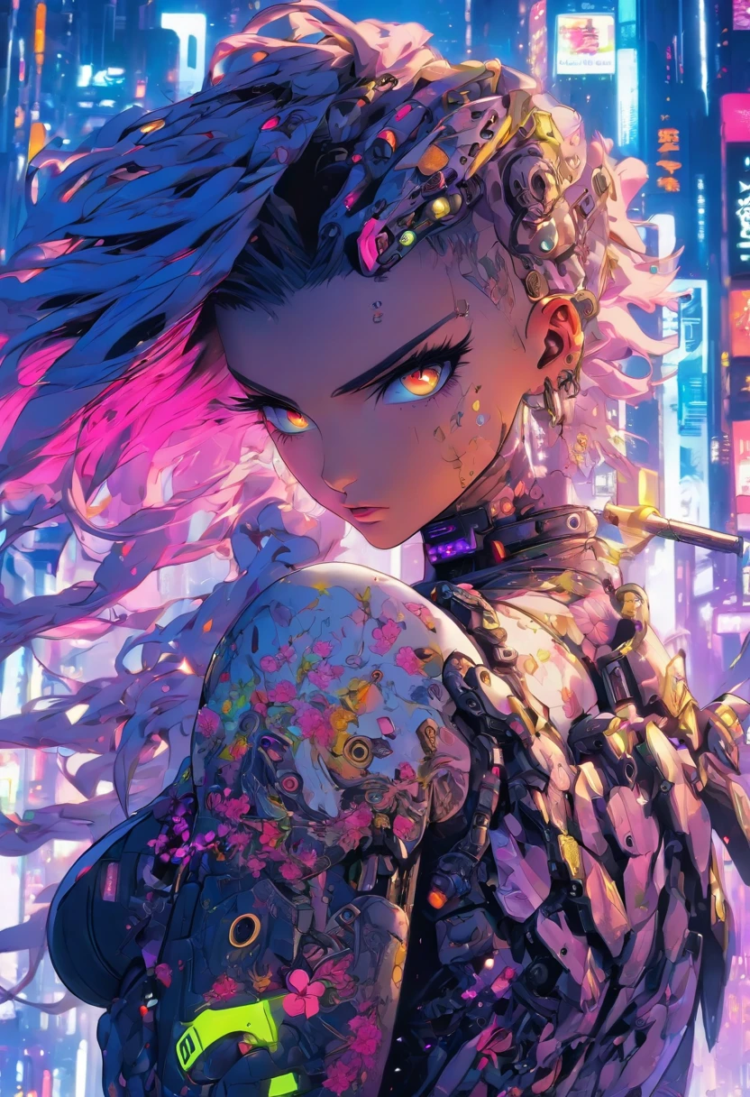 The most beautiful and sexy cyberpunk girl, purple hair, yellow eyes, wearing highly detailed futuristic battle armor, futuristic mechanical angel wings, tons of tattoos and piercings, cherry blossoms blowing in the wind, highly detailed background, perfect masterpiece, high quality, high resolution