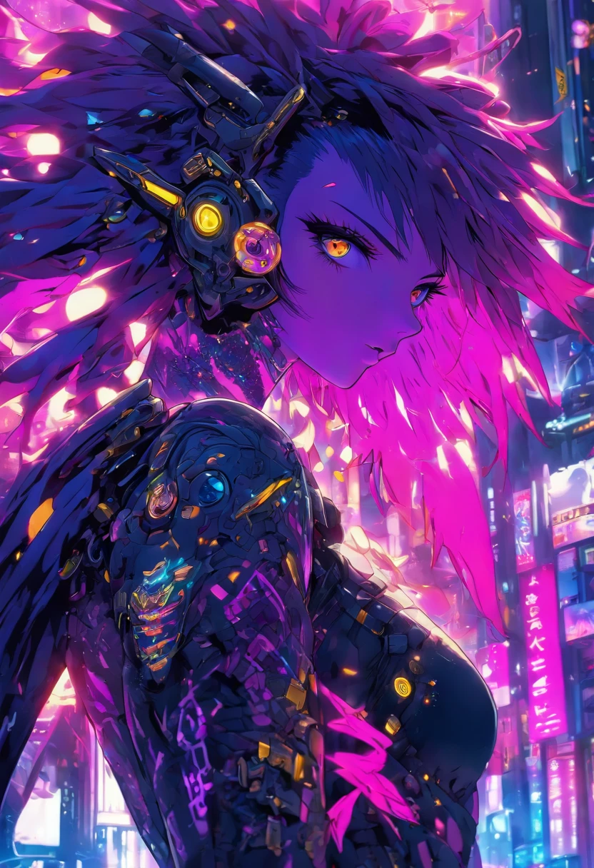 The most beautiful and sexy cyberpunk girl, purple hair, yellow eyes, wearing highly detailed futuristic battle armor, futuristic mechanical angel wings, tons of tattoos and piercings, cherry blossoms blowing in the wind, highly detailed background, perfect masterpiece, high quality, high resolution