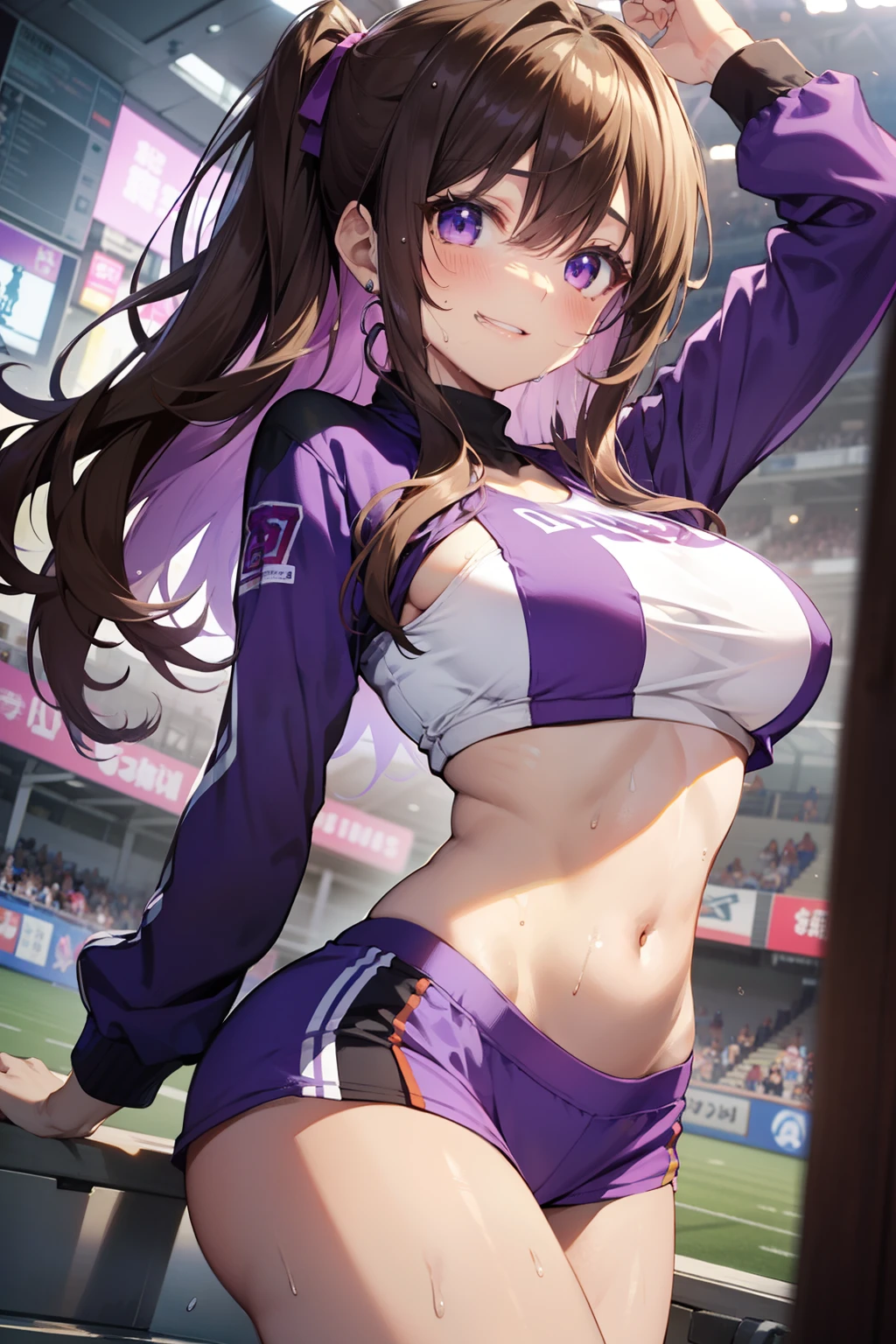 top-quality、Full limbs、complete fingers、Slender beauty、straight haired、Brown hair、Raw feet、Purple Cheer Girl Costume、Purple miniskirt、Exposing the stomach、Purple Tight Long Sleeve Sports Bra、Sports bra with logo、baseball field、Sweating、Wet texture、Beautiful Large Breasts、Dancing、A big smile、Rear view