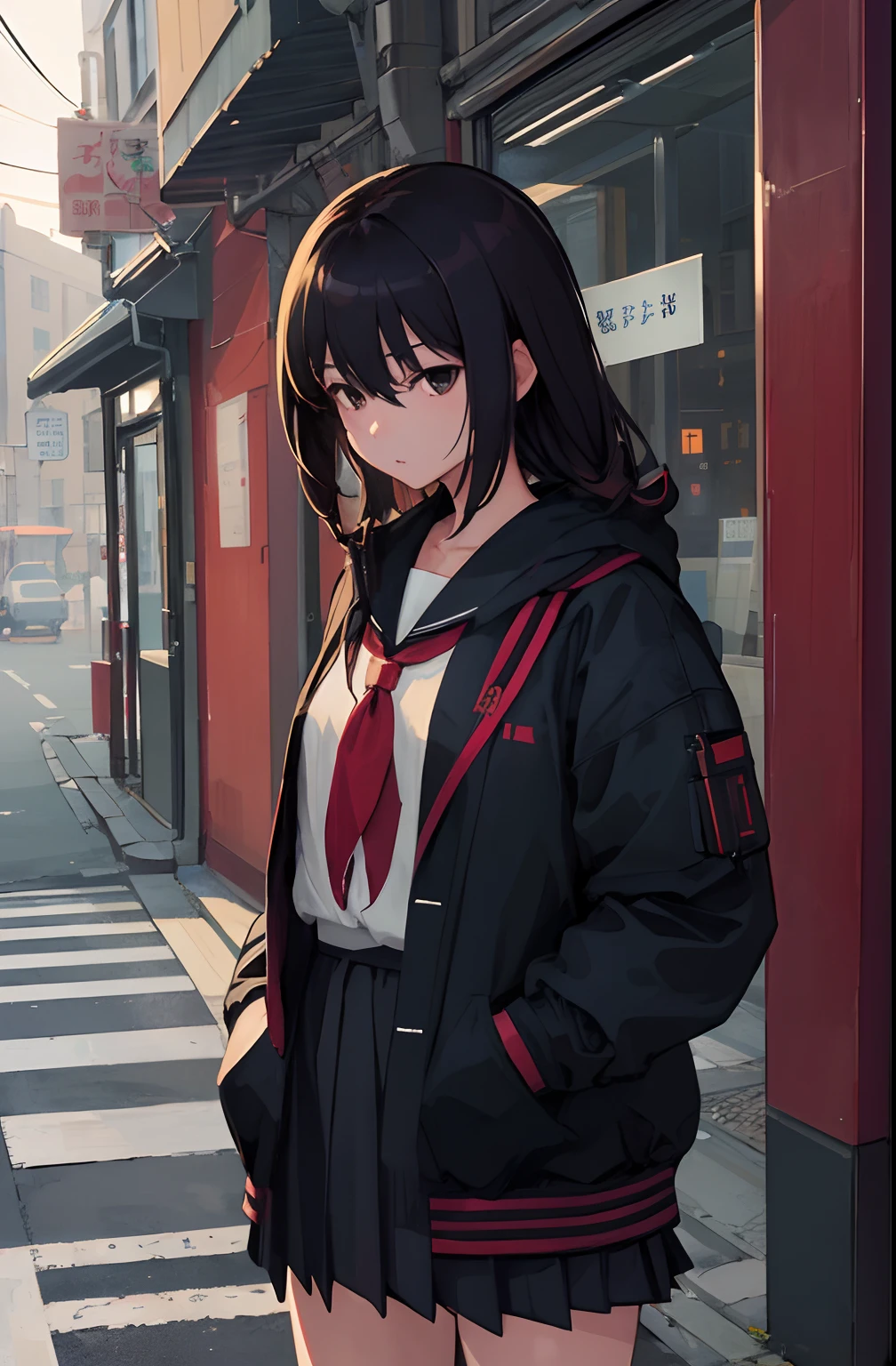 ​masterpiece, top-quality, 1female, 校服, hands on pockets, a school bag, A dark-haired, black eyes, cyberpunked, a street, monochromes, line-drawing