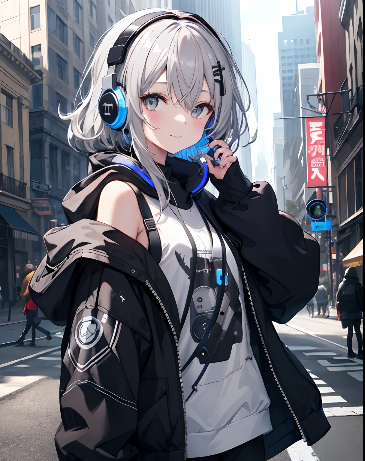 masterpiece,1girl, happy face, long messy grey hair, futuristic glowing headphone, solo, hoodie, off shoulder, street, black cool jacket