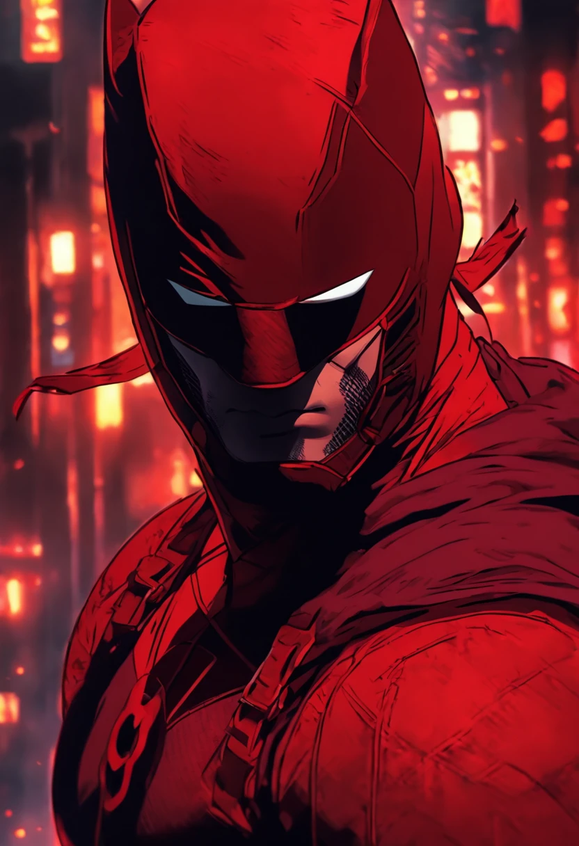 daredevil as a teenager advanced armored red suit with red mask and red eye lences and very small Horns in live action and hooded like a ninja anime version