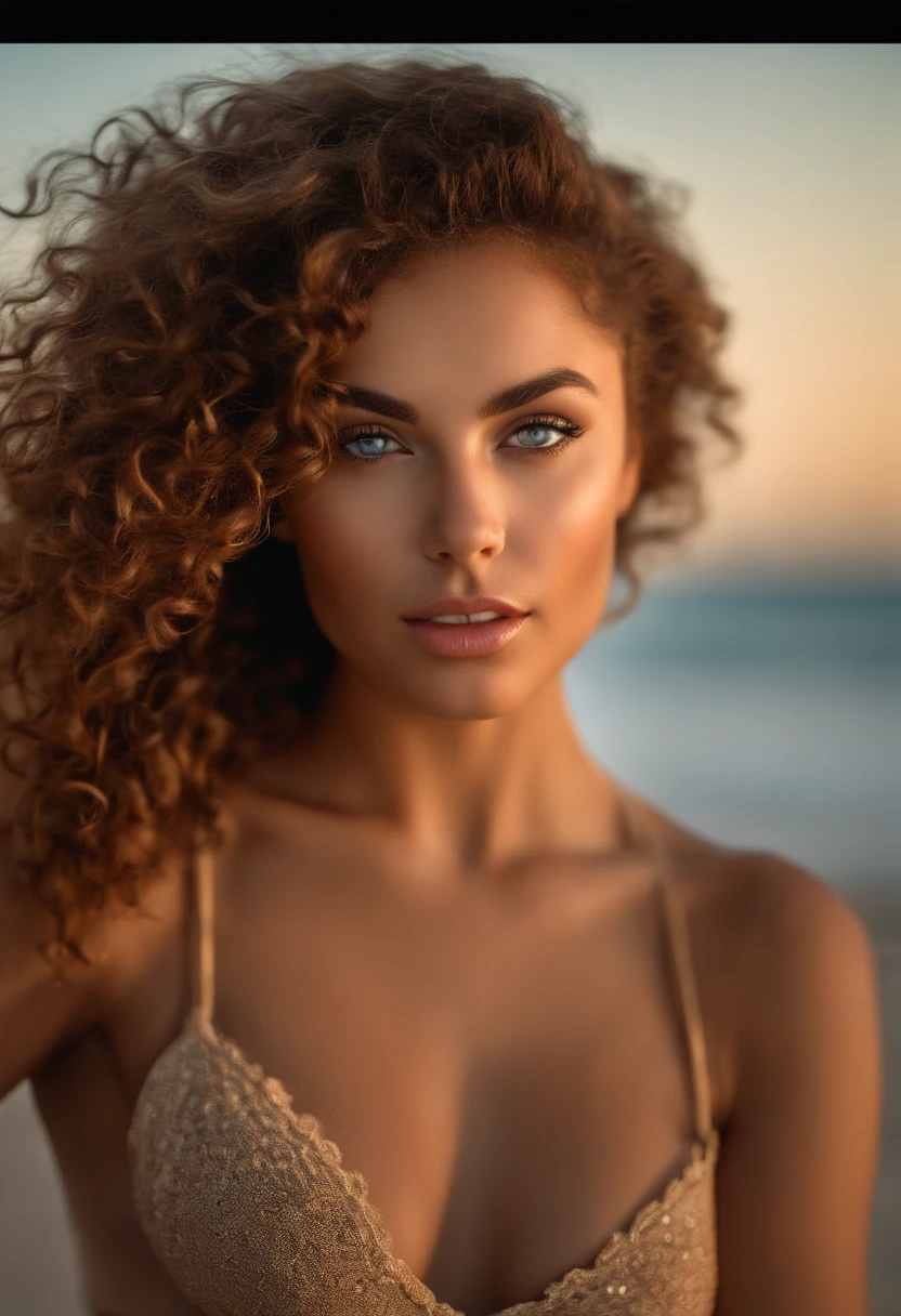 (sharp focus:1.2), photo, attractive young woman, (beautiful face:1.1), detailed eyes, luscious lips, (cat eye makeup:0.85), (large eyes:1.0), (toned body:1.2), (curly hair:1.2), (big booty:1.4), wearing (bikini:1.2) on a (beach:1.2). (moody lighting:1.2), depth of field, bokeh, 4K, HDR. by (James C. Christensen:1.2|Jeremy Lipking:1.1).