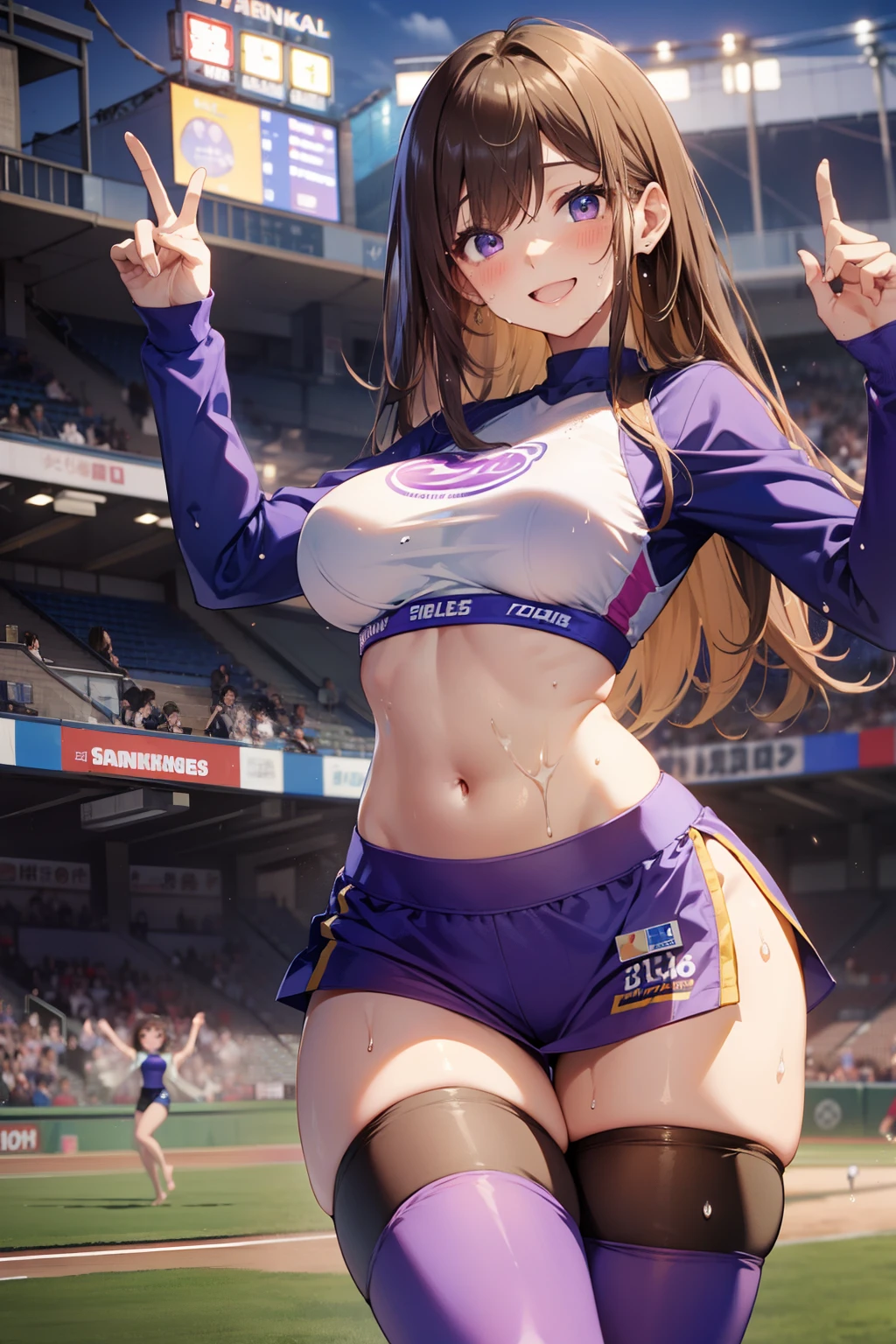 top-quality、Full limbs、complete fingers、Slender beauty、straight haired、Brown hair、Raw feet、Purple Cheer Girl Costume、Purple miniskirt、Exposing the stomach、Purple Tight Long Sleeve Sports Bra、Sports bra with logo、baseball field、Sweating、Wet texture、Beautiful Large Breasts、Dancing、A big smile