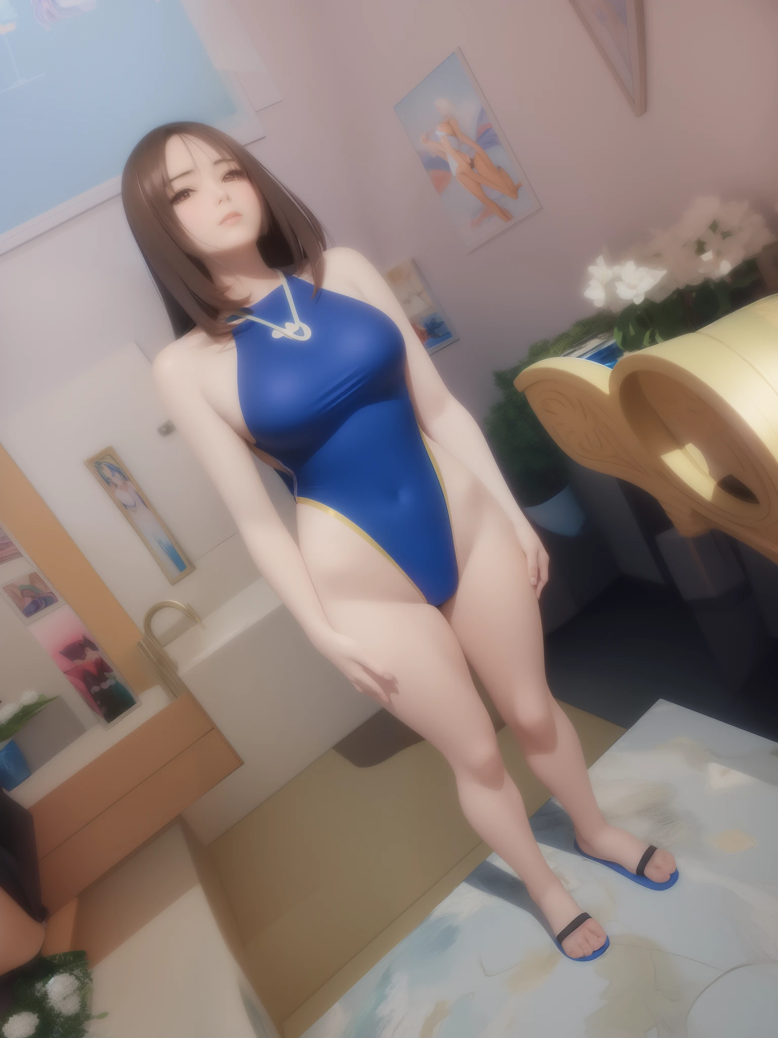 anime - style painting of a woman in a blue swimsuit standing in a room, is wearing a swimsuit, swimsuit, realistic bikini, bathing suit, realistic anime 3 d style, beautiful alluring anime woman, made with anime painter studio, in retro swimsuit, smooth anime cg art, seductive anime girl, painted in anime painter studio, stylized anime, anime styled 3d