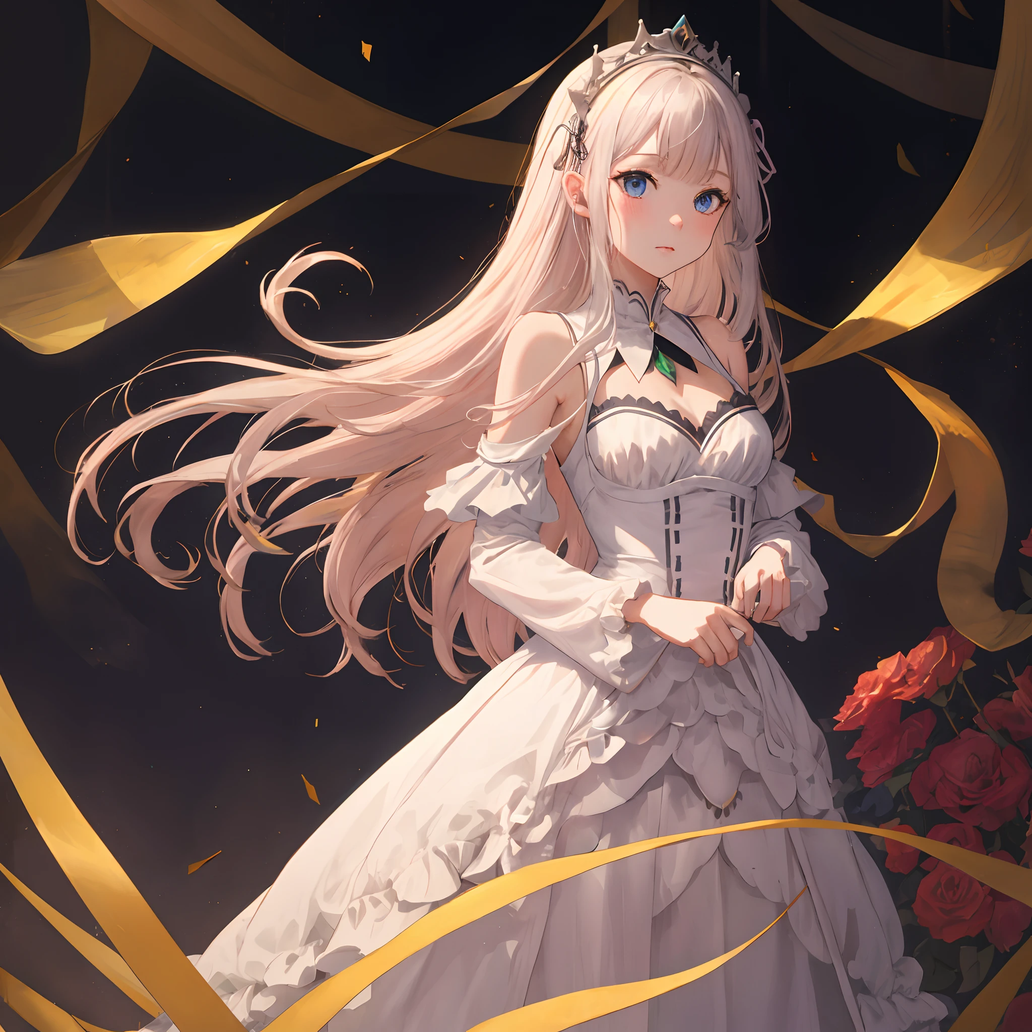 Emilia as a full grown adult, 1girl, wearing formal white princess dress