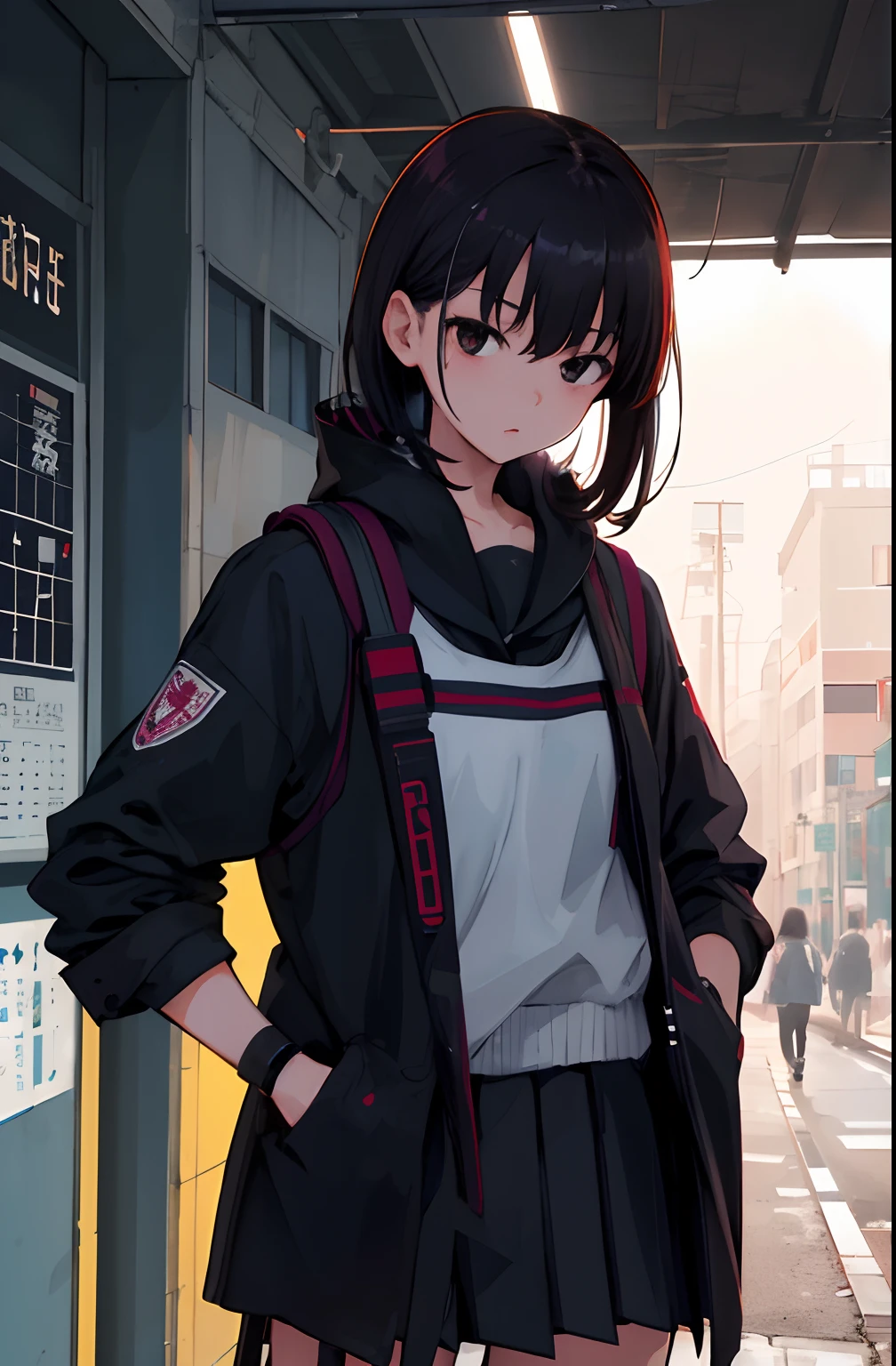 ​masterpiece, top-quality, 1female, 校服, hands on pockets, a school bag, A dark-haired, black eyes, cyberpunked, a street, monochromes, line-drawing