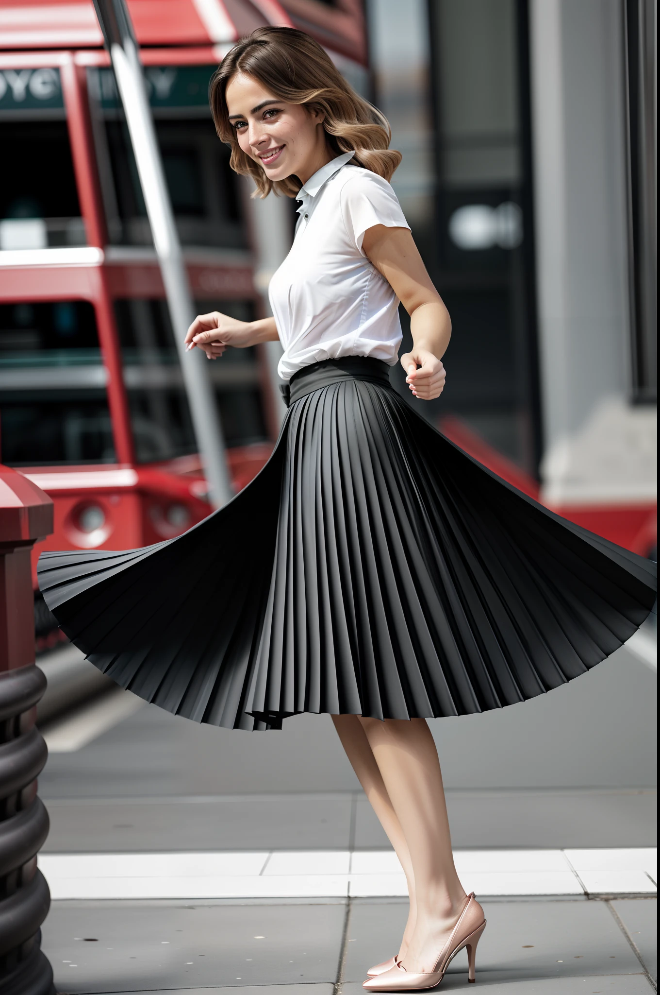 very (flirty:1,8) smiling good woman wearing short blazer and very very detailed (long (fully pleated) full circle skirt) and (simple) low heeled office shoes, very very intricate hyper-detailed symmetric (attractive graceful young feminine face) with (sad, tired eyes and a shy smile), large breasts, full of empathy and compassion and love, (pronounced (feminine) features), (highly detailed ultra accurate realistic) hands and fingers, (windy conditions and wind blowing), epic composition, highly detailed attributes, highly detailed atmosphere, (35mm f1.4 Kodak portra 400 photograph), extremely high quality RAW photograph,