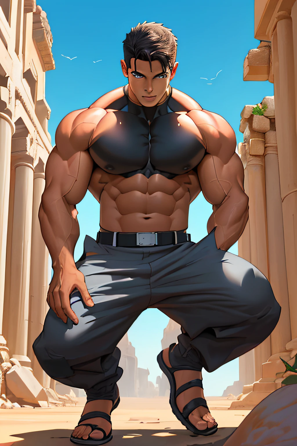 Adult coloring book page, image from head to knees, linhas finas, imagem ultra detalhada, (1 homem, not shirt, torn muscles, topless, Massive)), Jet Black cabelo escuro, cabelos movidos pelo vento, cabelos curtos com franja que caem sobre a testa e em ambos os lados do rosto, Macho, humano, atraente, Handsome (Rosto detalhado, rosto perfeito) ((Sombras extremamente realistas, master part, extremamente detalhado, fotorrealista), ((Jovem de 28 anos)), ombros largos, enorme, pecs musculares, homem forte, bodybuilding posture, carefree expression, sorriso travesso, enorme, muscular and massive body, bicos protuberantes, abdominais musculosos, cintura estreita, short hair, olhos bem feitos, Olhos grandes delicados, Abra os olhos ((Olhos detalhados)) Ruins of a Jedi temple with a rocky desert, Jedi style baggy pants and cloth belt, fundo branco, bem detalhado.