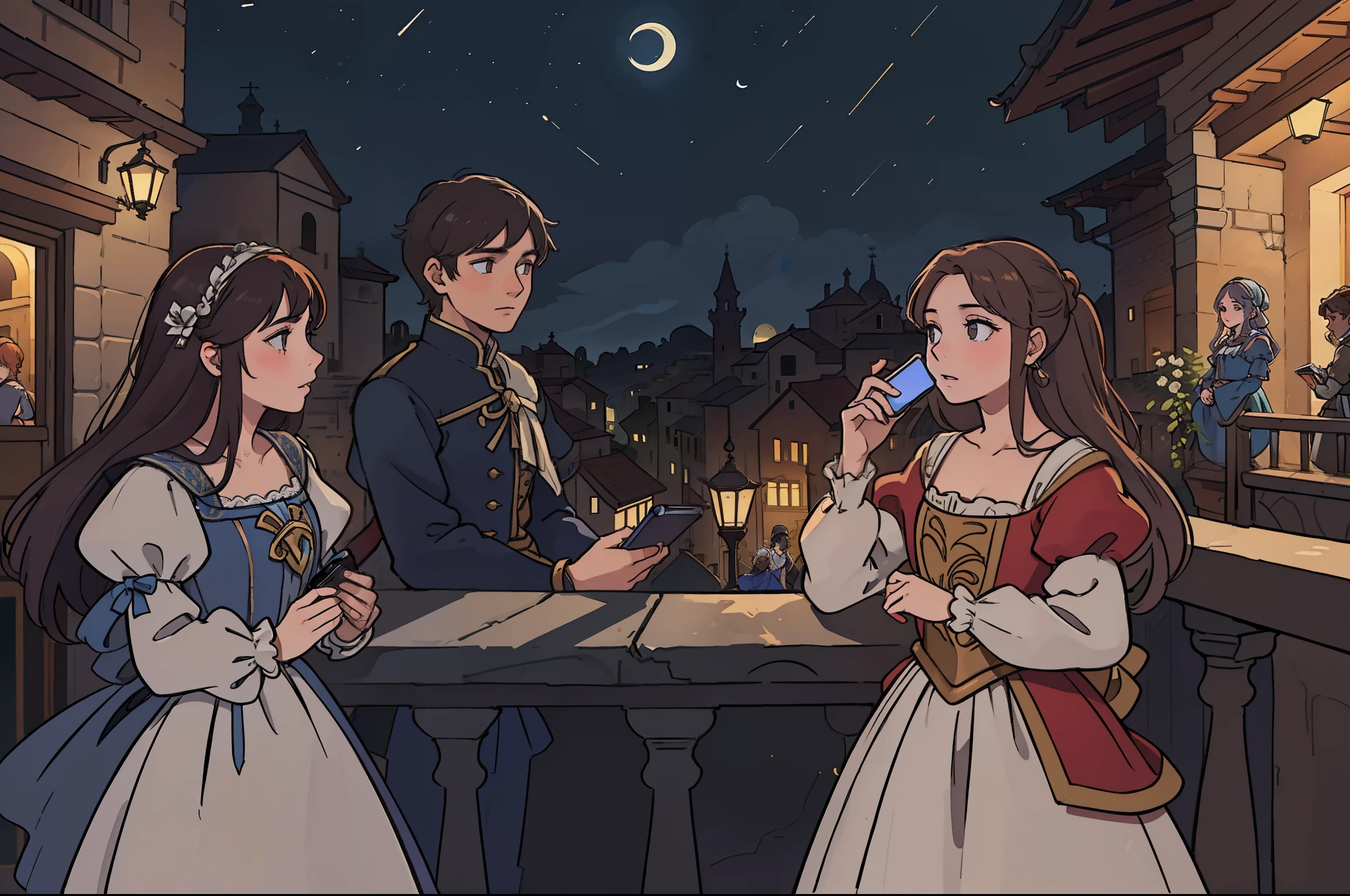 Romeo in the street, Juliet on the balcony, they look at each other but speaking to their smartphones, old Italian town as background, XVI century clothing, nighttime, illuminated only by moonlight.