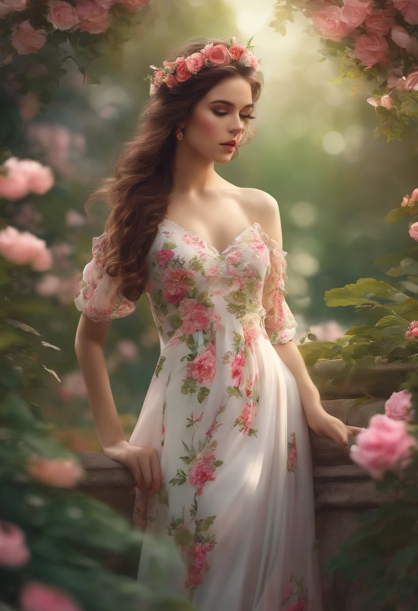 una chica anime con vestido color blanco con estampado de flores y escotado, Recatada, posando para la foto, surrounded by nature and abundant vegetation, y muchos tonos de color rosa, cabello color rosa y ojos verdes