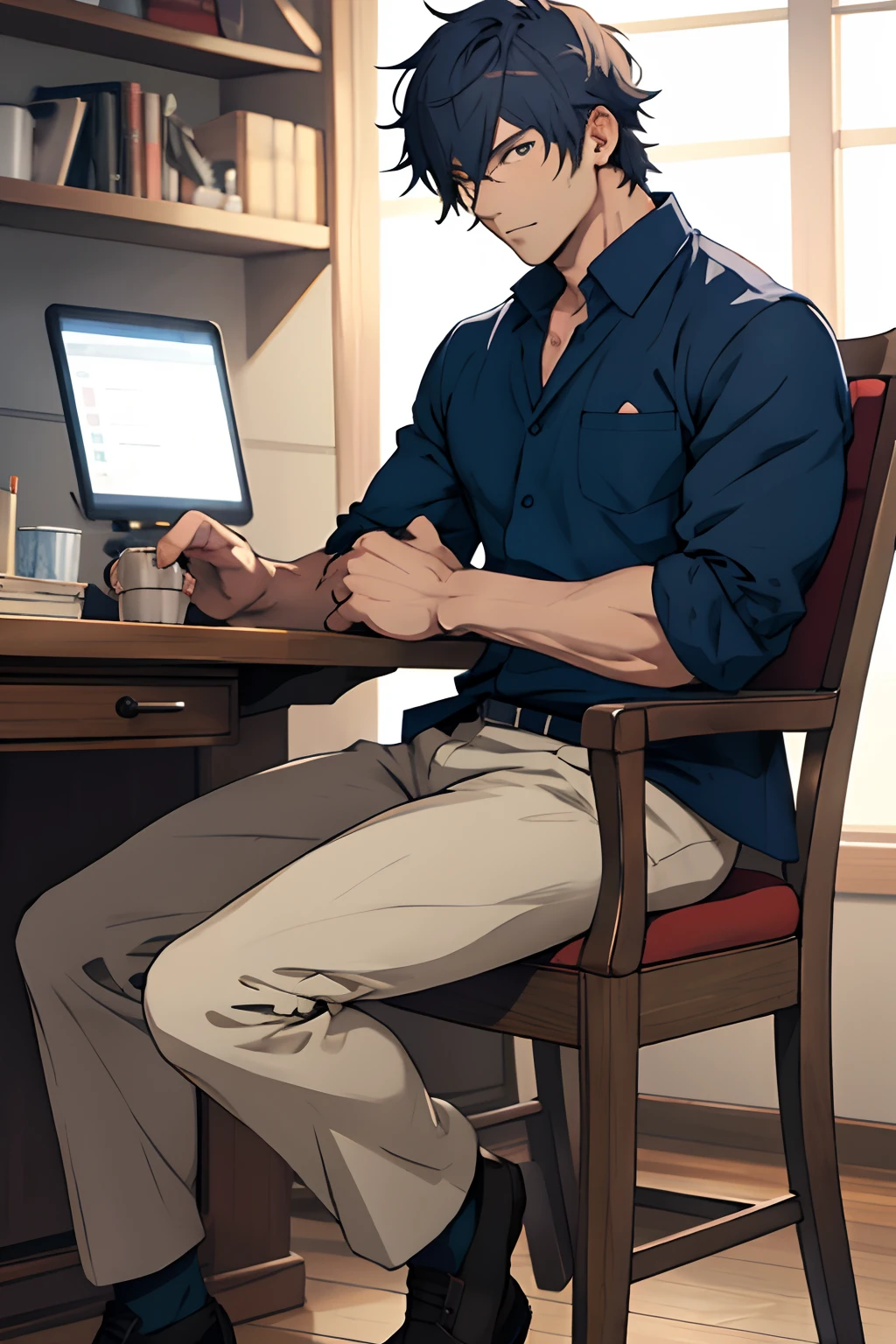 Anime man sitting on a chair, lighting, detailed