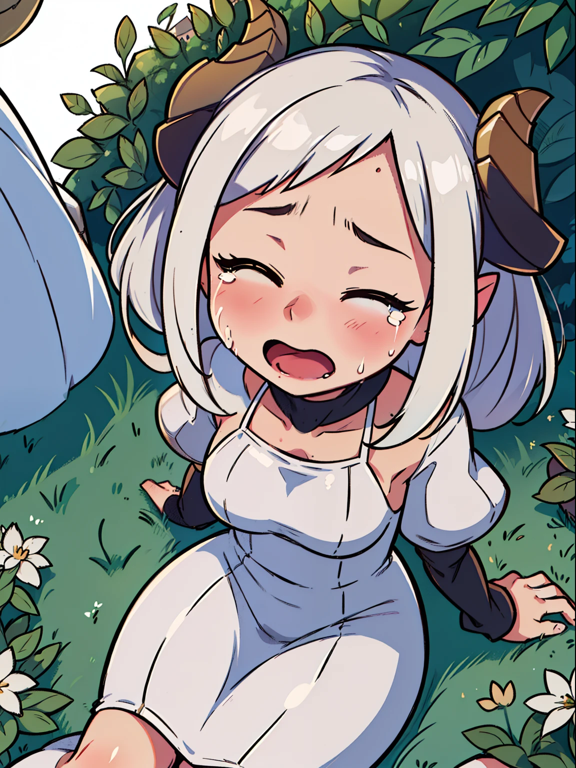 1girl ,solo,10 year,crying,sad,open mouth,((white dress)),,white hair,short hair,closed eyes,elves ears,golden horns,hidden arms,Detailed,(((sitting on the floor on the garden in a castle))),