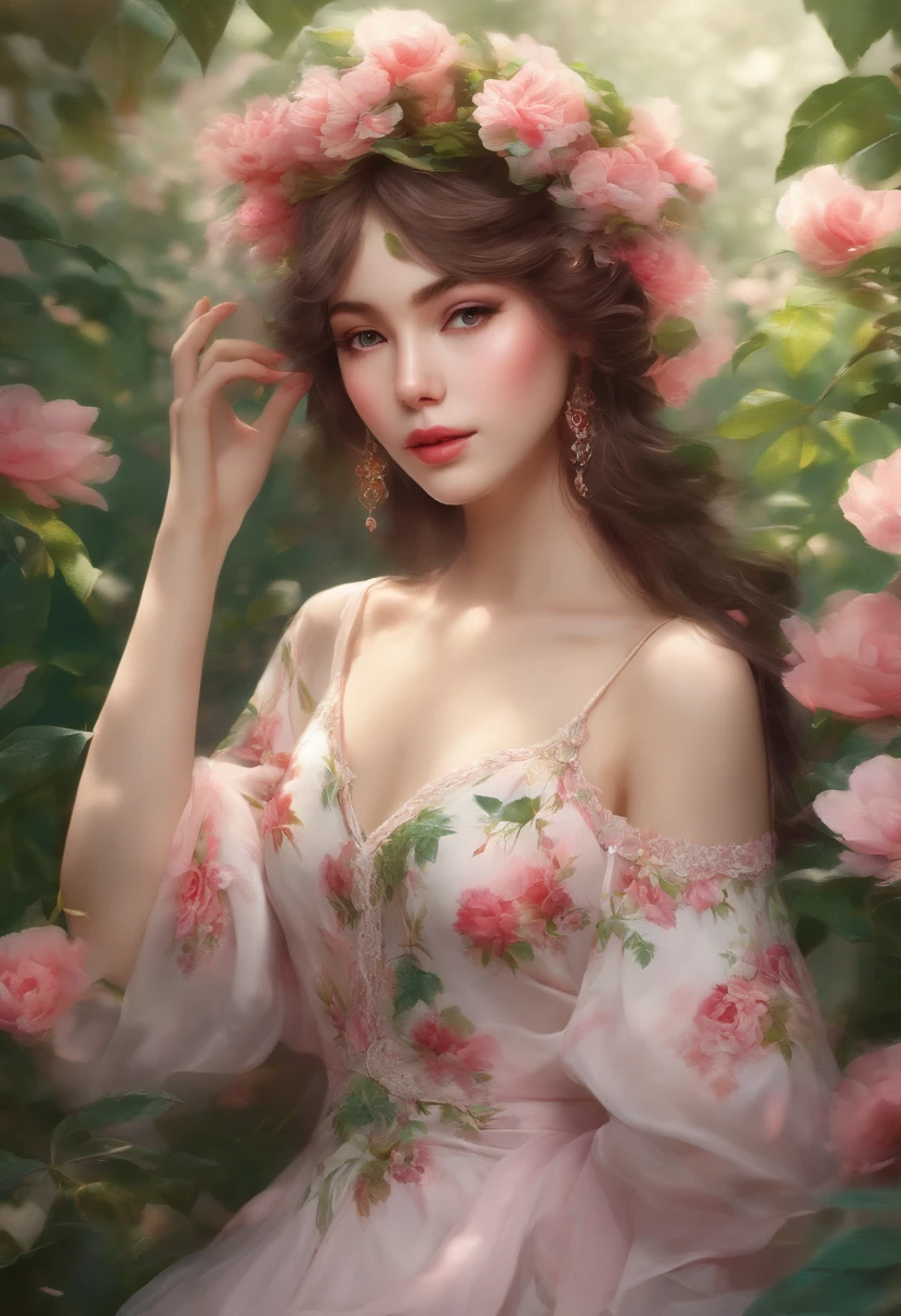 una chica anime con vestido color blanco con estampado de flores y escotado, Recatada, posando para la foto, surrounded by nature and abundant vegetation, y muchos tonos de color rosa, cabello color rosa y ojos verdes