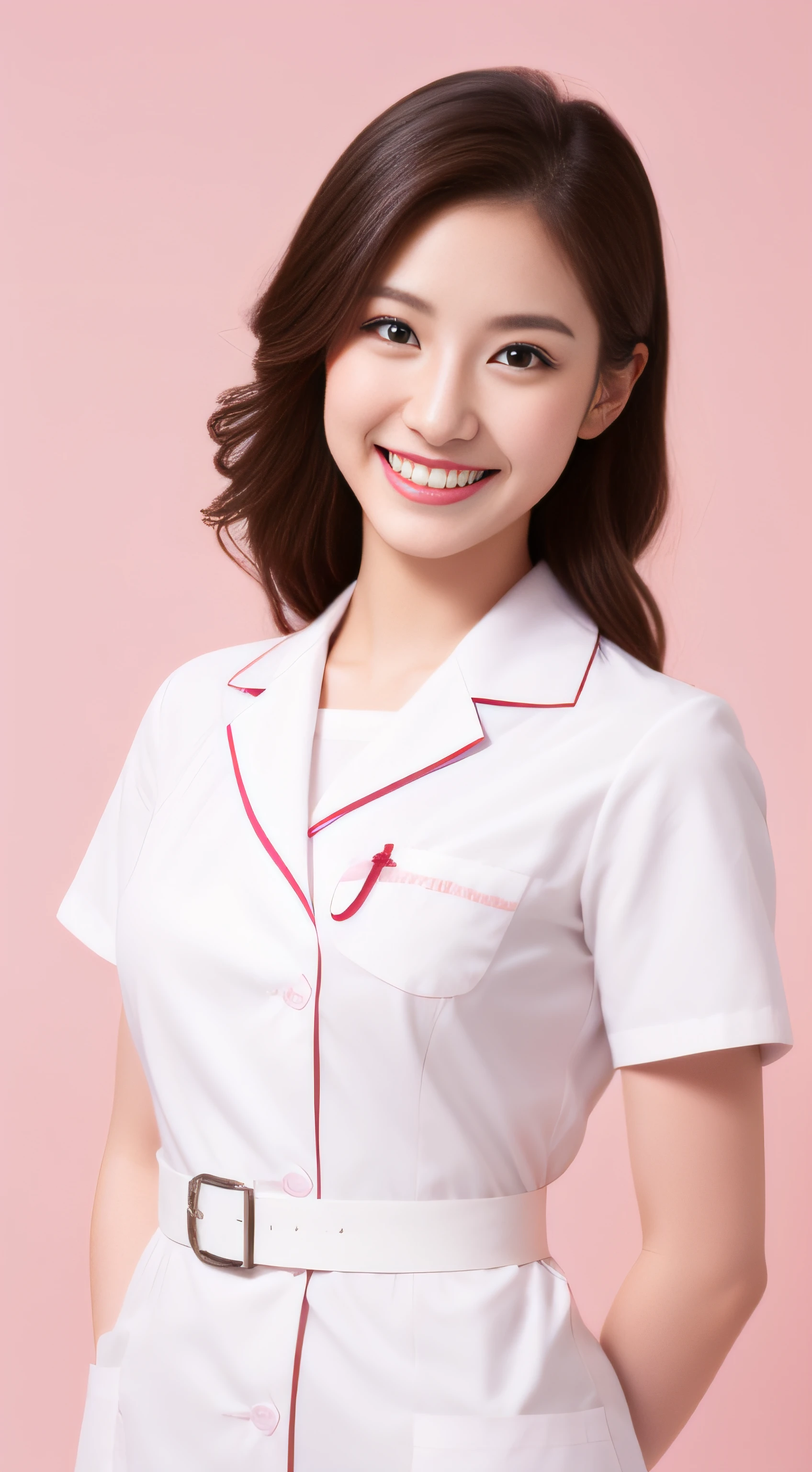 Miss Cabaret、White nurse uniform、２a person、hiquality、A hyper-realistic、healthy、Smiling expression、Slender perfect figure、Japan beauties、beautidful eyes、face perfect、Beautiful skin、Pink background