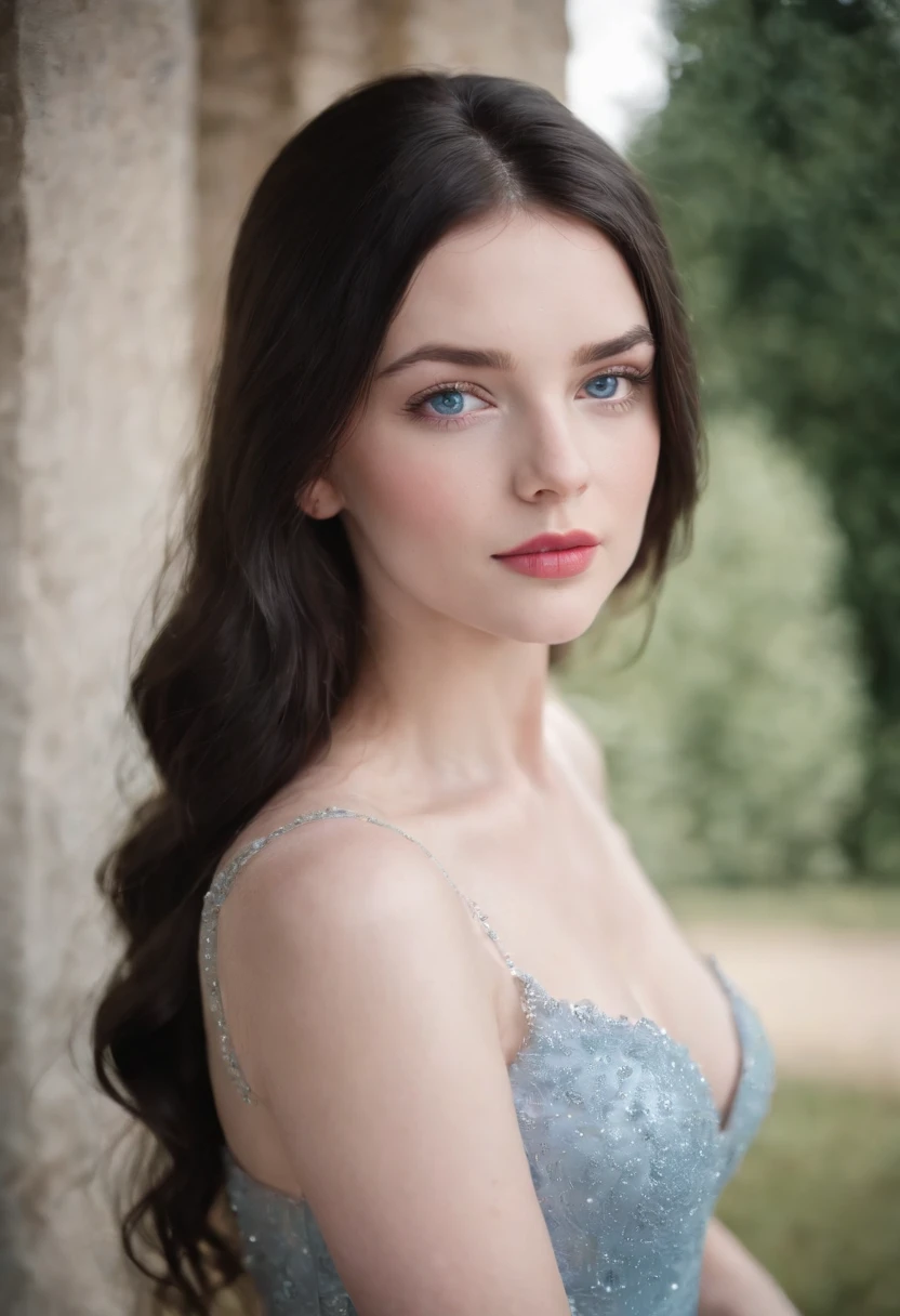 woman around 19 years old, woman with slightly pale skin, electric blue eyes, pink lips, long and slightly wavy black hair, loose black hair, dress with a deep light blue neckline with white sparkles, background hallway of a well-lit castle