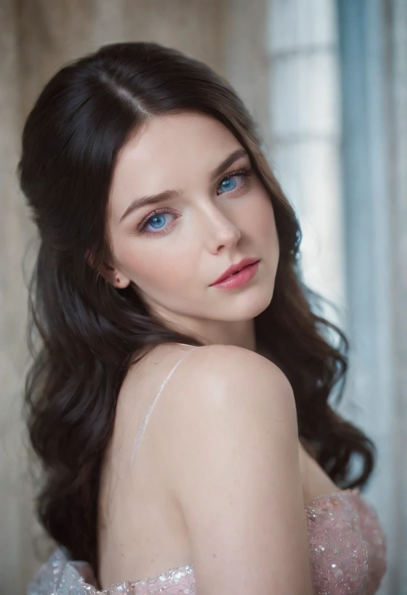 woman around 19 years old, woman with slightly pale skin, electric blue eyes, pink lips, long and slightly wavy black hair, loose black hair, dress with a deep light blue neckline with white sparkles, background hallway of a well-lit castle
