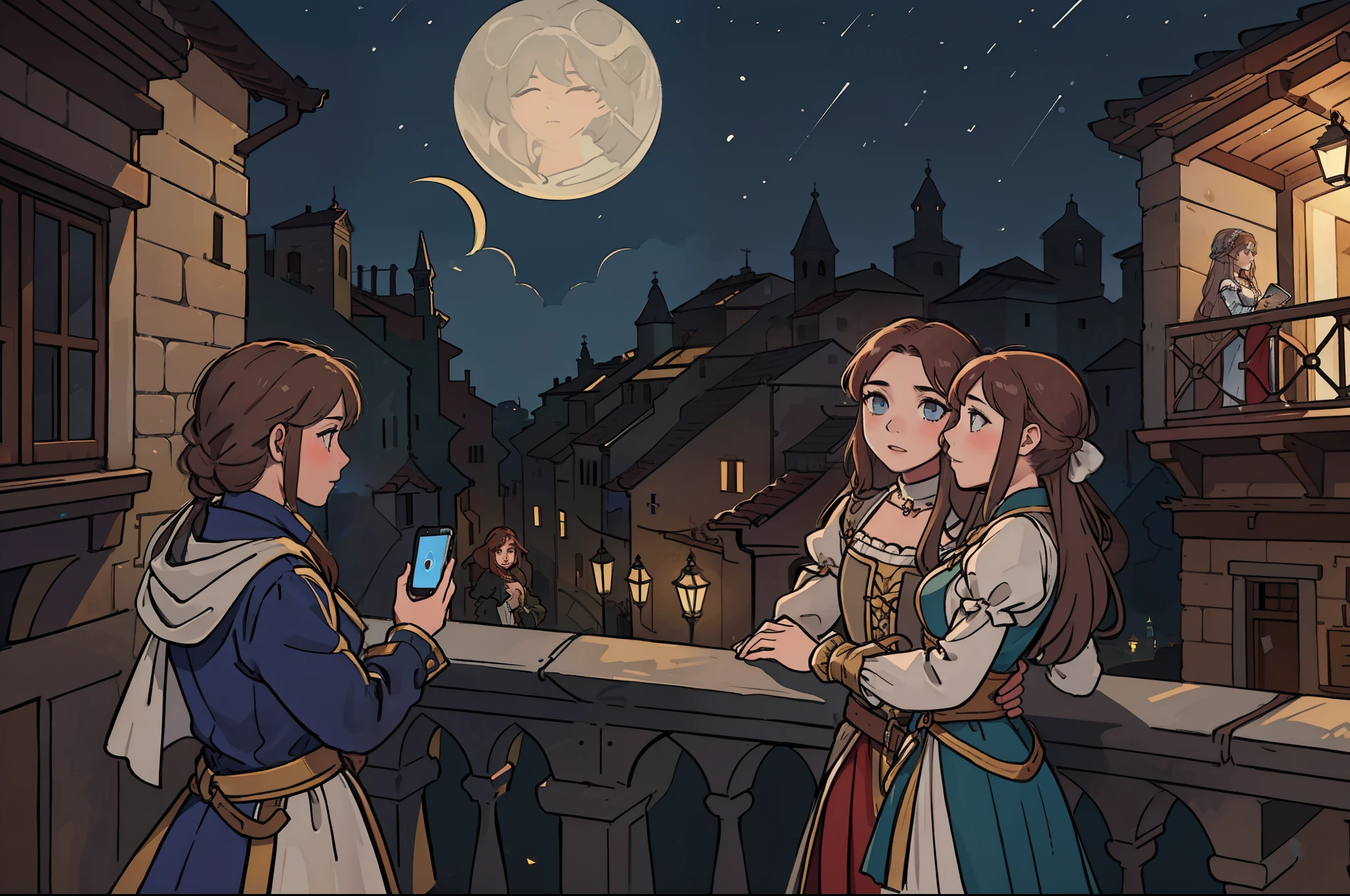 Romeo in the street, Juliet on the balcony, they look at each other but speaking to their smartphones, old Italian town as background, XVI century clothing, nighttime, illuminated only by moonlight.