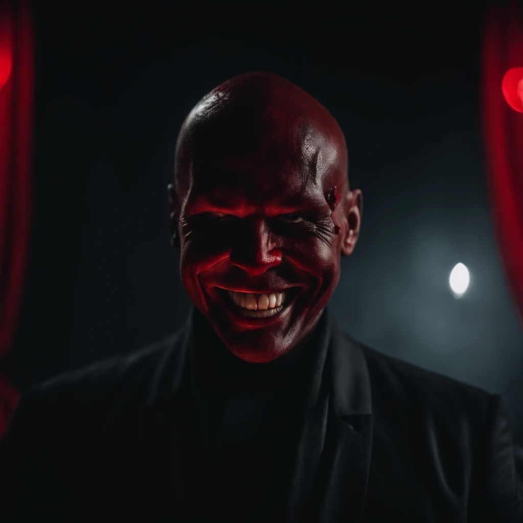 Villain, deformed and scary face, black clothes with red tones, big bleeding smile