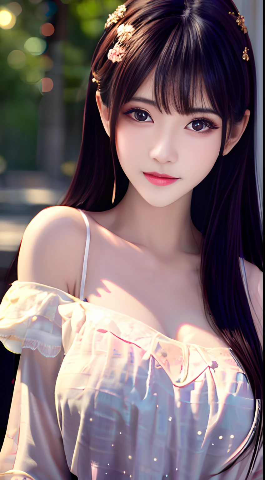 best qualtiy，tmasterpiece，A high resolution，1girll，Dingdall effect，realisticlying，edge lit，twotonelighting，（highdetailskin：1.2），8K  UHD，Pure，Sweet，Flower background，Colorful background，Based on physical rendering，Perfect light and shadow，extreme hight detail，Pink tones，Eye reflections，Raised sexy，perfect bodies，Superb beauty，largeeyes，long eyelasher，Delicate eyes，large shiny eyes，Minor pupillary reflexes，Shoulder and neck details，The pupil texture is delicate，Perfect eyes，Black pupils，best qualtiy，tmasterpiece，16k，A picture，head portrait，Bigchest，longer sleeves，Take care of your chest，Large breasts，Delicate avatar