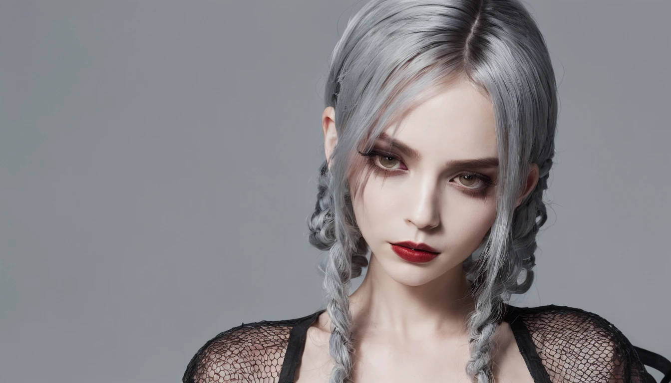 Girl with gothic net symbolic clothes, 。.。.com (Barbed wire of the body) brunette color hair，Gray hair ends