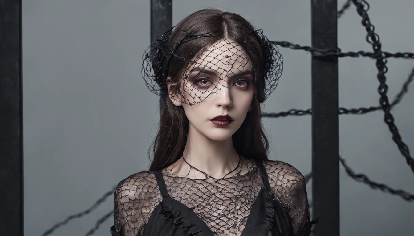 Girl in symbolic gothic net clothes, 。...com (Body barbed wire) Cabello de color moreno,Canas