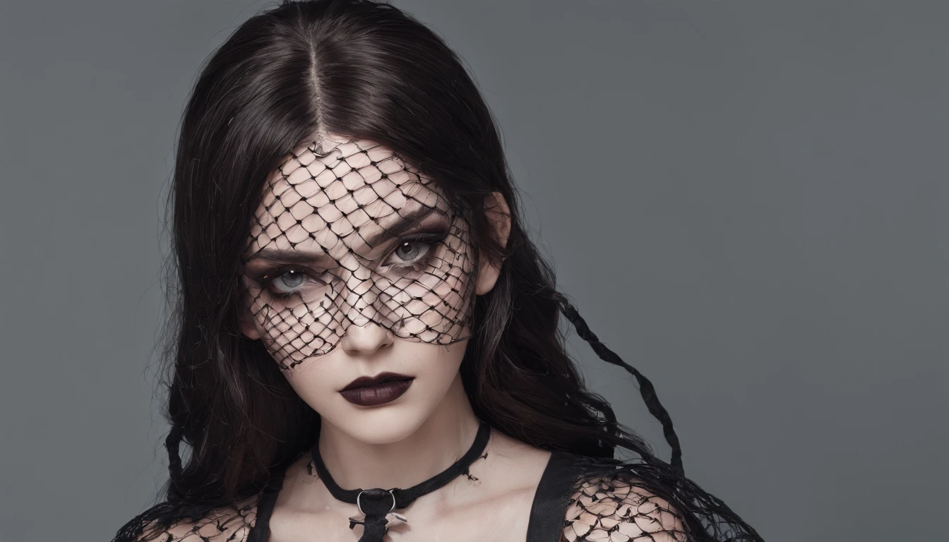 Girl with gothic net symbolic clothes, 。.。.com (Barbed wire of the body) brunette color hair，Gray hair ends