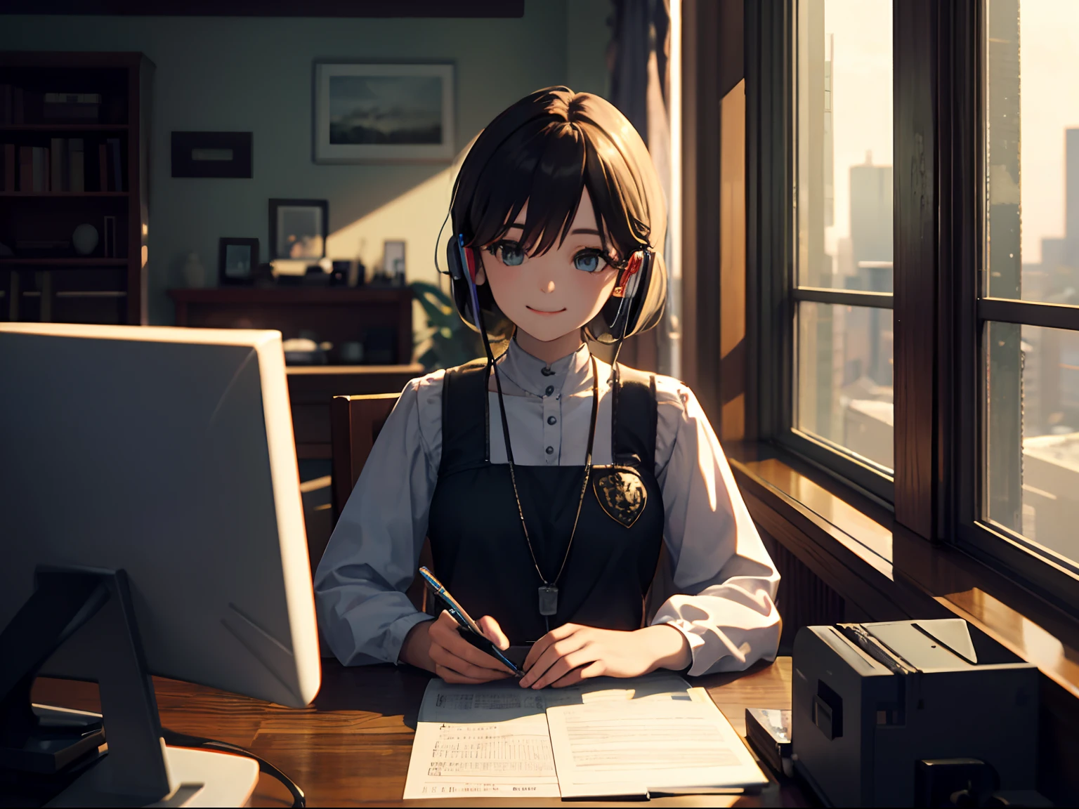 (Cinematic Digital Artwork: 1.3), High quality, masutepiece, of the highest quality, Super Detail, illustratio 、Cafes in the city、Note PC、Front of computer、Very short pixie shorthair、Speak with earphone microphone, Realistic, Full-HD, 。.。.。.。.。.。.3D, 4K 、A smile