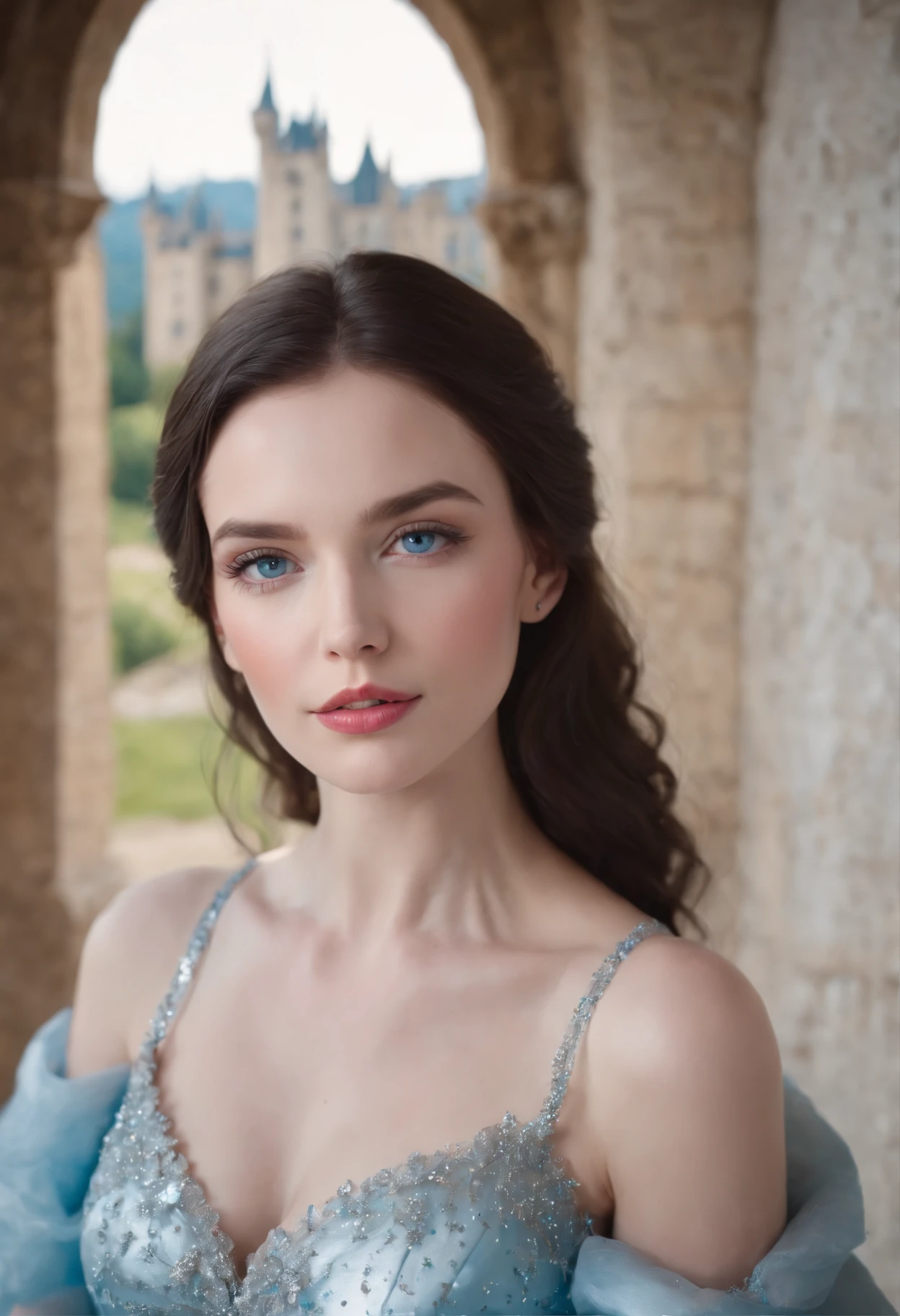 woman with slightly pale skin, electric blue eyes, pink lips, black and slightly wavy hair, dress with a deep light blue neckline with white sparkles, corridor background of a well-lit castle