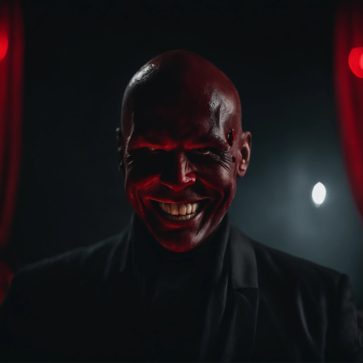Villain, deformed and scary face, black clothes with red tones, big bleeding smile