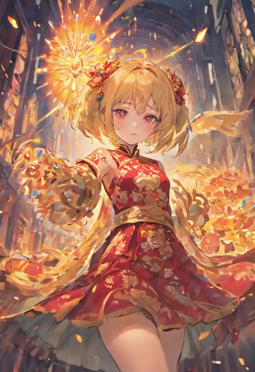 1girll,Bush,fashi-girl,china dress,Chinese clothes,hair flower,(Masterpiece:1.4),(Best quality:1.4),(Shiny skin),Red lips,view the viewer,Big breasts,cleft lip
