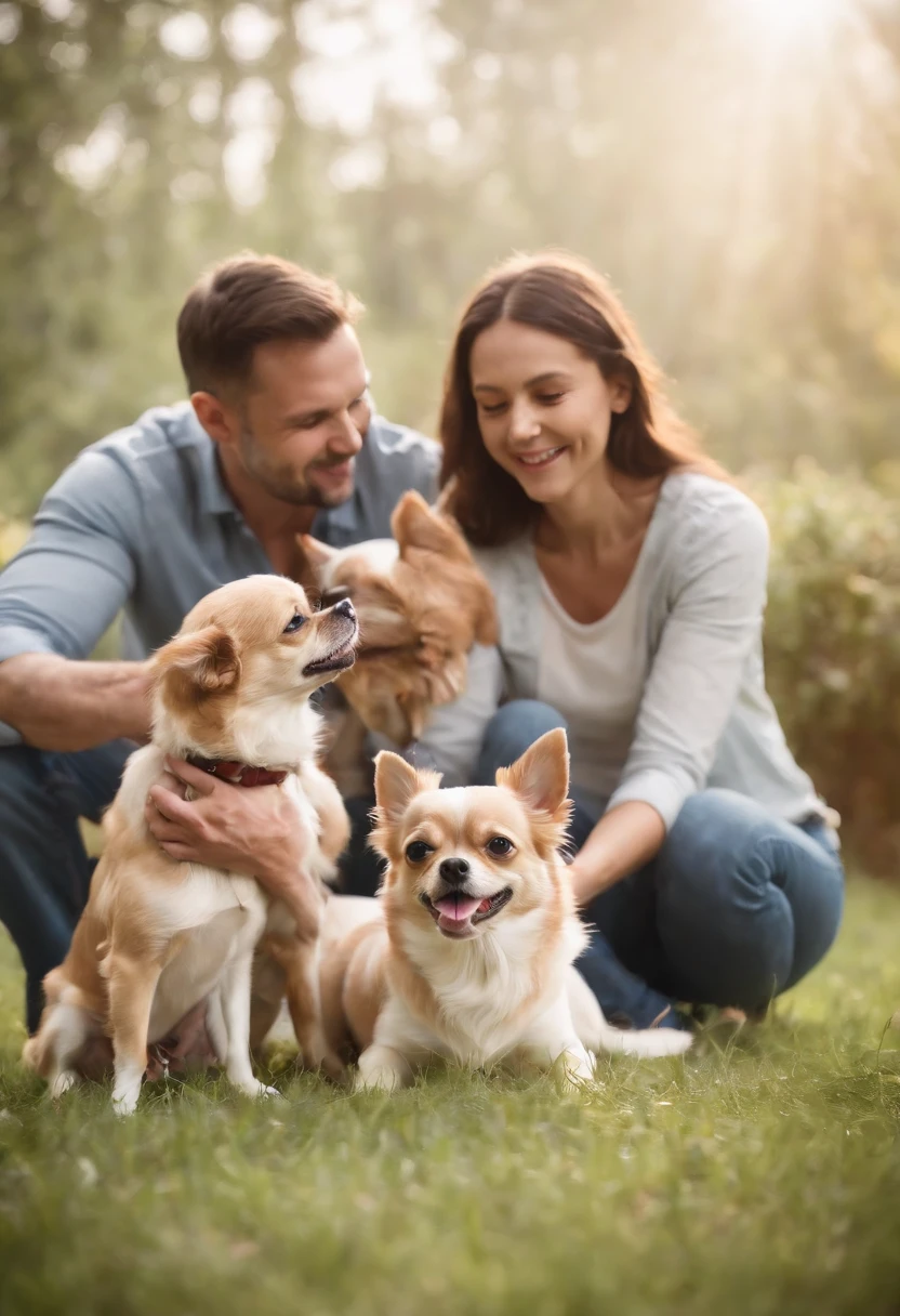 A happy family playing with their Chihuahuas
