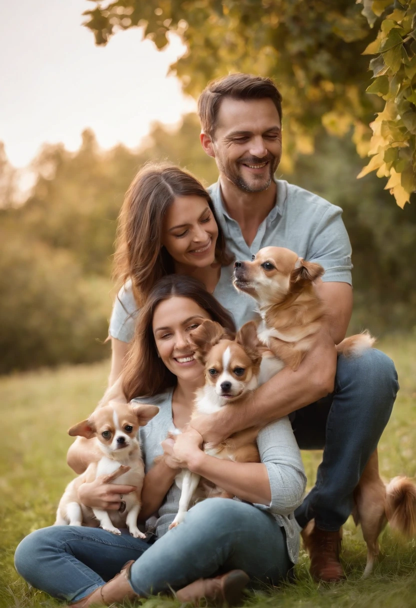 A happy family playing with their Chihuahuas