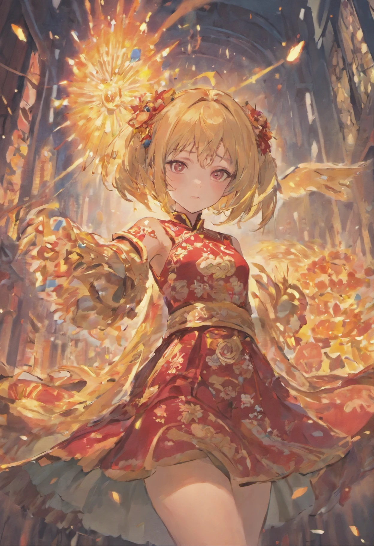 1girll,Bush,fashi-girl,china dress,Chinese clothes,hair flower,(Masterpiece:1.4),(Best quality:1.4),(Shiny skin),Red lips,view the viewer,Big breasts,cleft lip