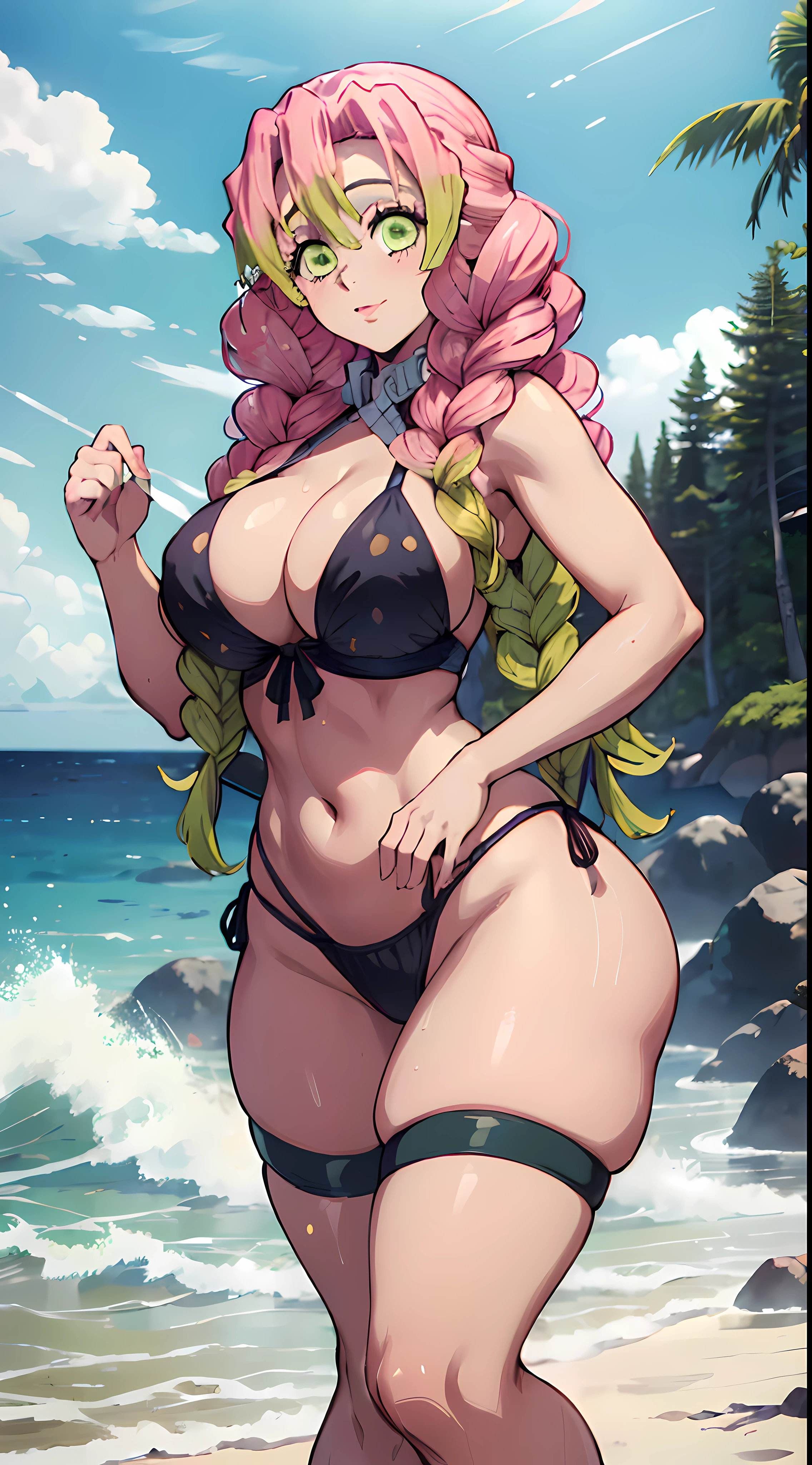 (melhor qualidade:1.3), Mitsuri kanroji, peituda, clivagem, sedutora, rosto sexy, sexy, body curvy, bunda grande, peitos grandes, (bikini), (beach)