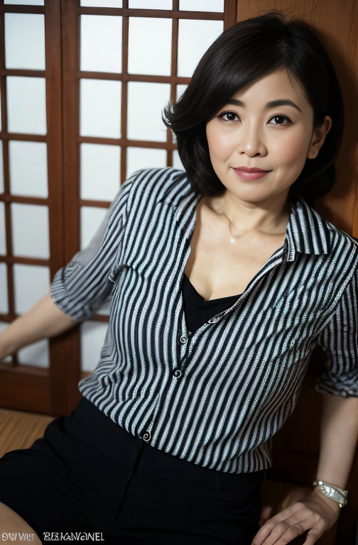 ((Best Quality, 8k, Masterpiece, Portrait: 1.3)), (looking at viewer),Photorealistic, Sharp Focus, Solo, Japan Milf, Beauty, Clothes with Cleavage View, 30 Years Old, Wavy Hair, Wrinkles at the Corners of the Eyes, ((Open your legs wide:1.5, Sit one knee up:1.5, show crotch)), (loose waist:0.5), darkness nobody room,