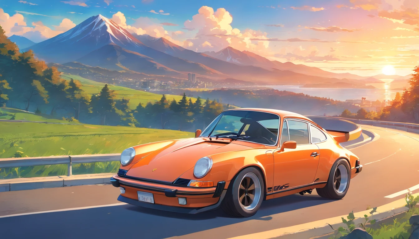 there is an orange Porsche 911 Carrera RS 2.7 driving on the road near the mountains, porshe, high quality desktop wallpaper, Rob Rey and Kentaro Miura style, amazing wallpaper, porsche 911 driving, by Liam Wong, car sporty, anime beautiful peace scene, kentaro miura art, by Yoshihiko Wada, 70s Anime Art