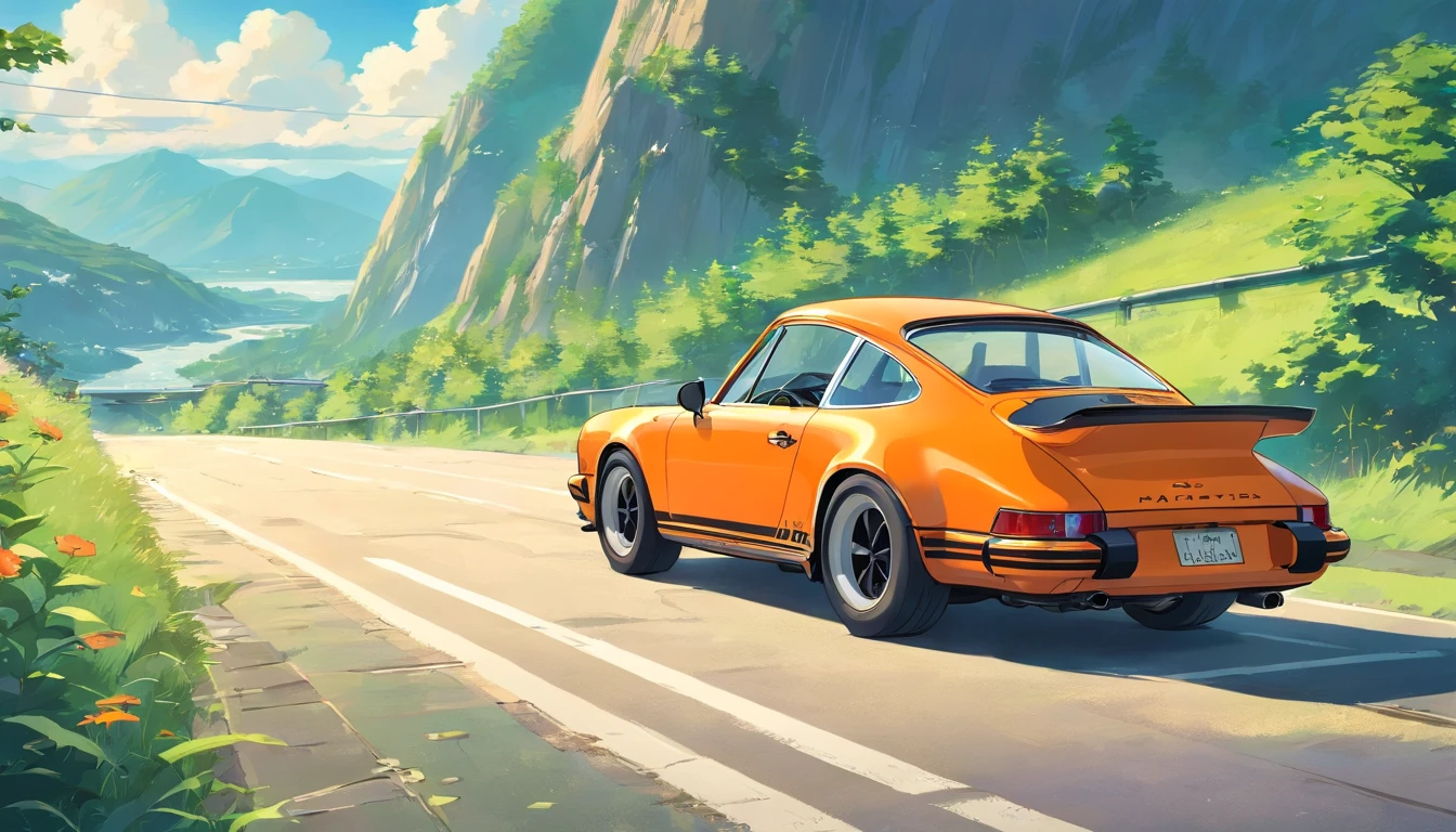 there is an orange Porsche 911 Carrera RS 2.7 driving on the road near the mountains, porshe, high quality desktop wallpaper, Rob Rey and Kentaro Miura style, amazing wallpaper, porsche 911 driving, by Liam Wong, car sporty, anime beautiful peace scene, kentaro miura art, by Yoshihiko Wada, 70s Anime Art