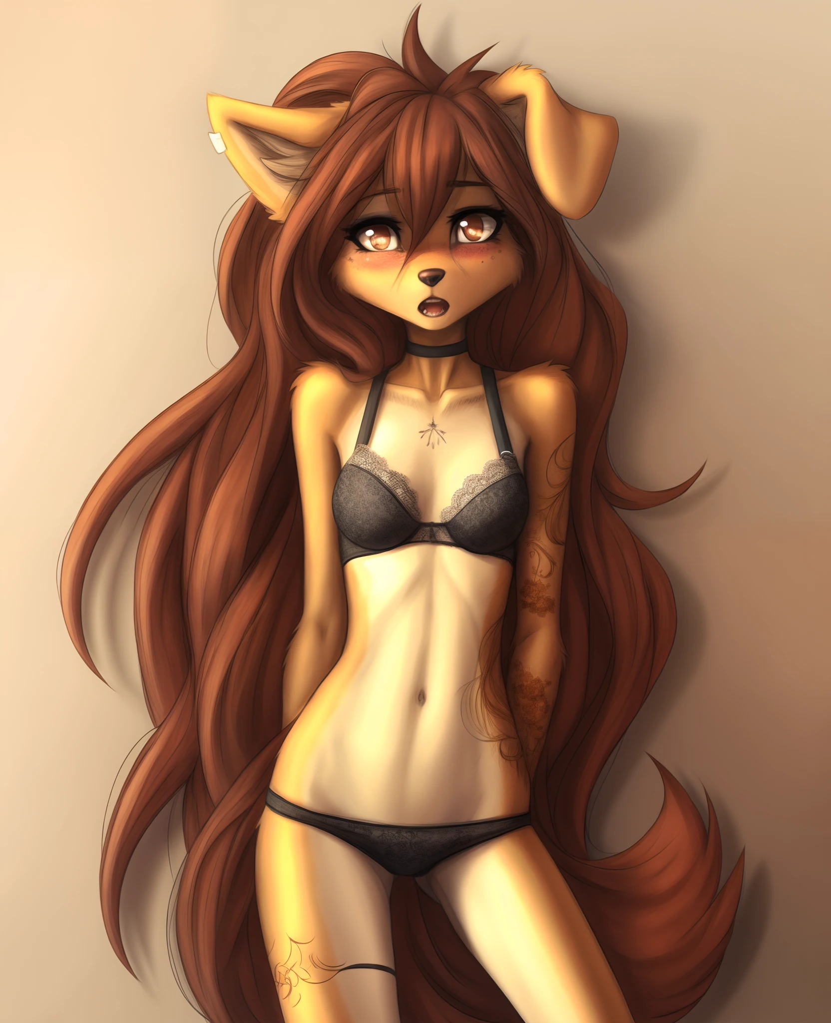 highres. detailed. masterpiece. best quality. clear image. hd. 8k image. light particles. intricate details. 1girl. solo. tattoo all over the body. furry. dog feet. fluffy tail grows from the coccyx. with fluffy ears. belle. young. toned body. graceful. ((slender. slim. skinny)). (small round ). ((cute)). long hair. , embarrassed. shy. blushes. plaintive face. slightly open mouth. fang, panties