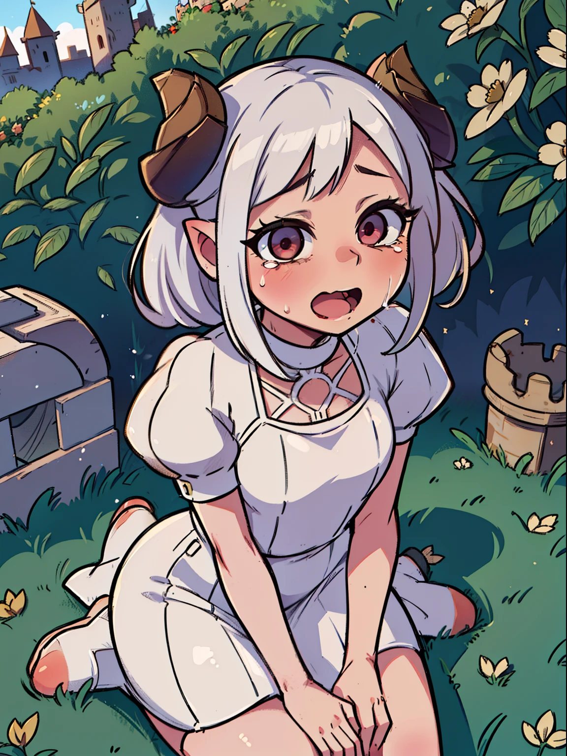 1girl ,solo,10 year,crying,sad,open mouth,((white dress)),,white hair,short hair,red eyes,elves ears,golden horns,hidden arms,Detailed,(((sitting on the floor on the garden in a castle))),