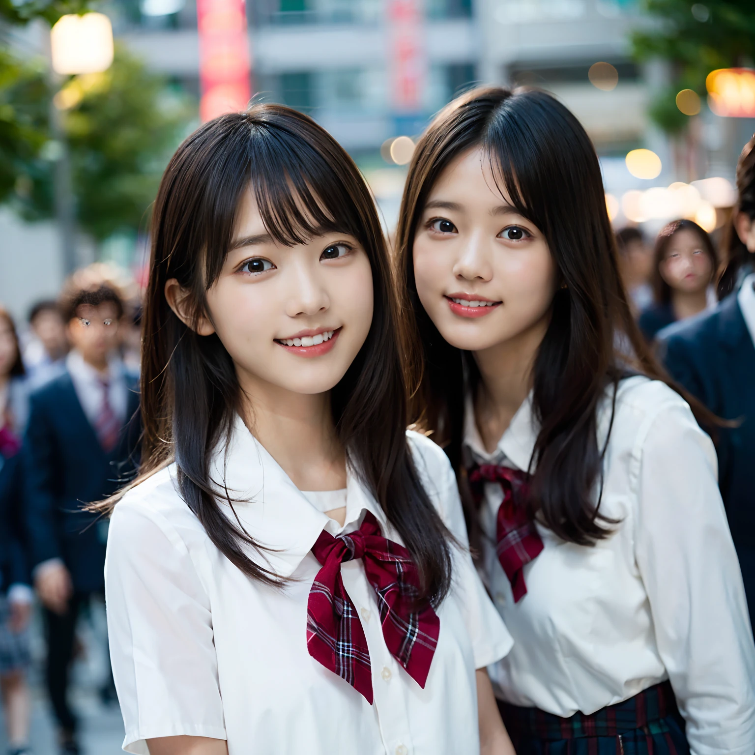 (8K、Raw photography、top-quality、masterpiece:1.2)、(realisitic、Photorealsitic:1.37)、ultra-detailliert、超A high resolution、女の子1人、see the beholder、beautifull detailed face、A smile、Constriction、(Slim waist) :1.3)、Beautiful detailed skin、Skin Texture、Floating hair、Professional Lighting、Whole human body、Longhaire、A dark-haired、japanese hight school uniform、hi-school girl、Plaid uniform skirt、Bob Hair、University、Happy smile, (hyper pretty face:1.5), School uniform with white blouse、sixteen years old